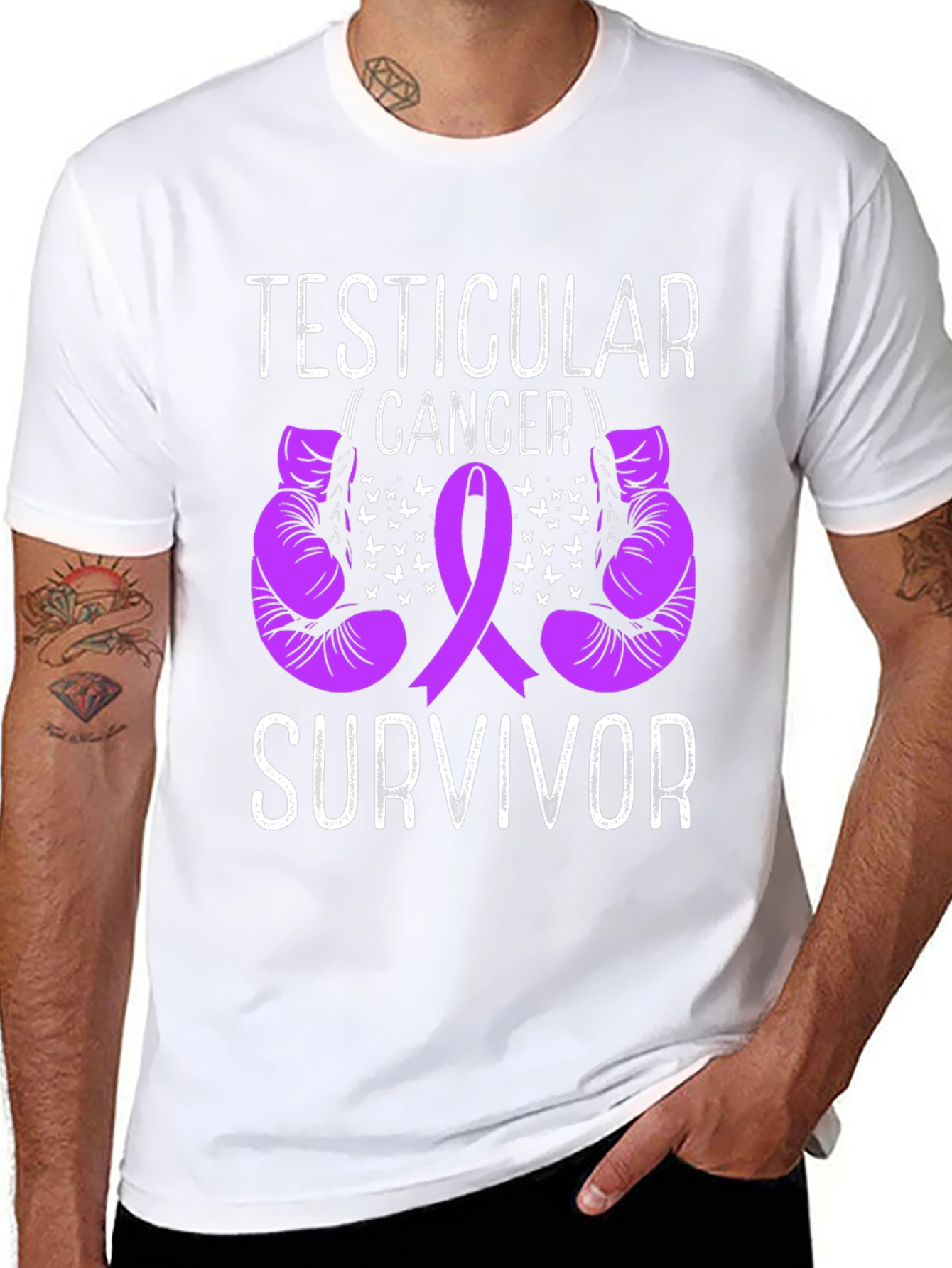 Testicular Cancer Survivor T-Shirt Purple Ribbon Boxing Gloves