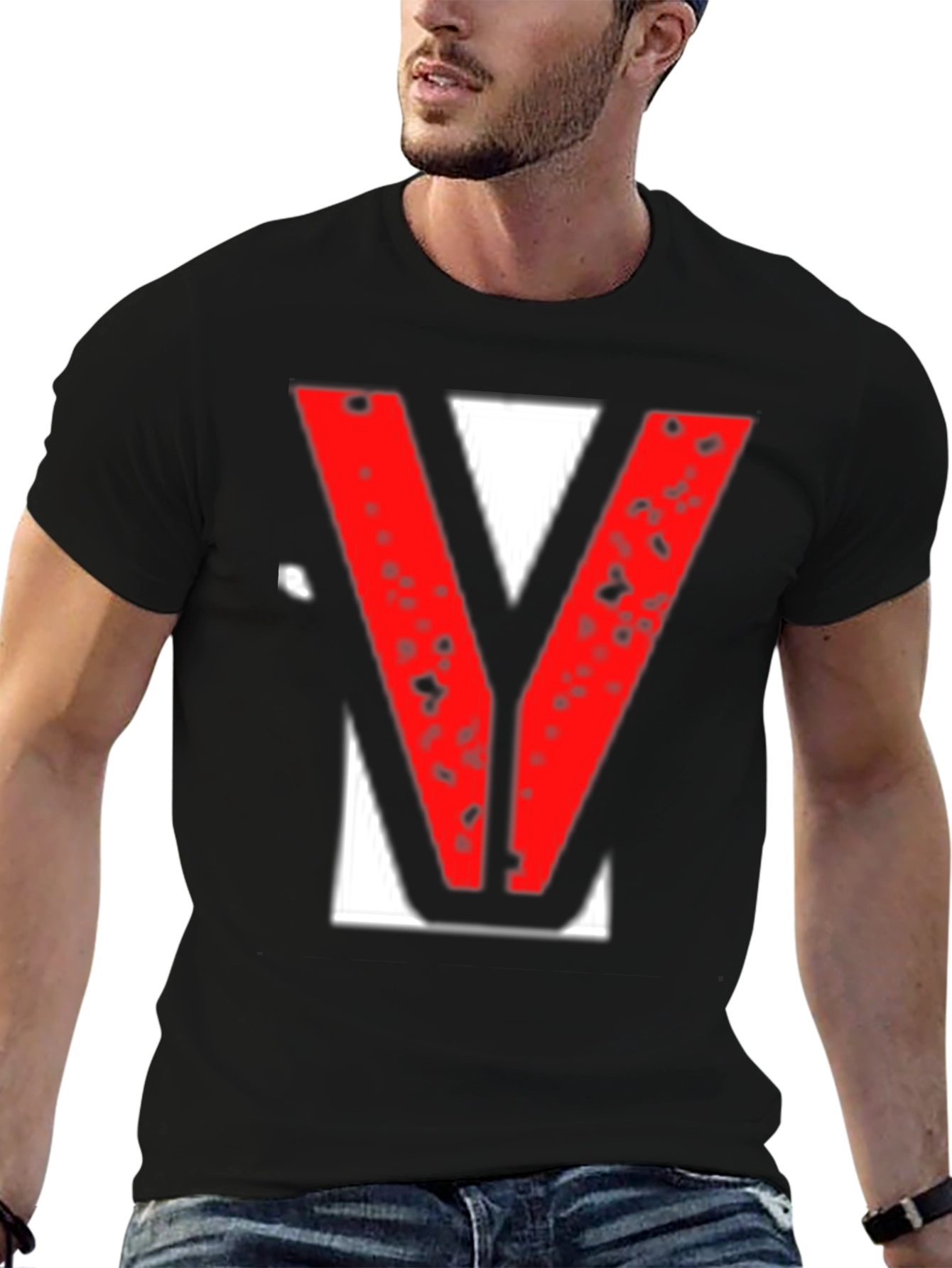 Statement Tee - Red V Graphic Print Black T-Shirt