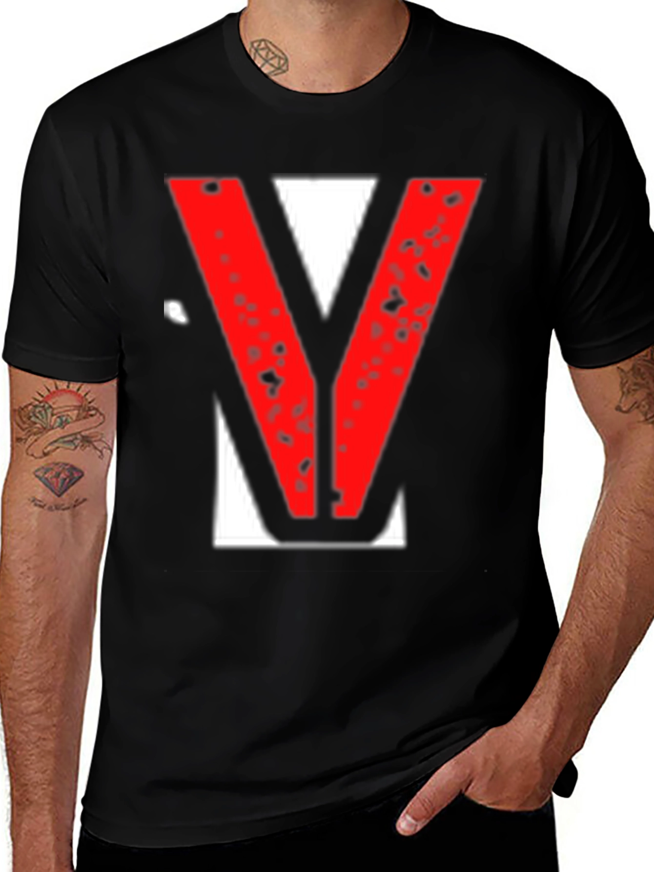 Statement Tee - Red V Graphic Print Black T-Shirt