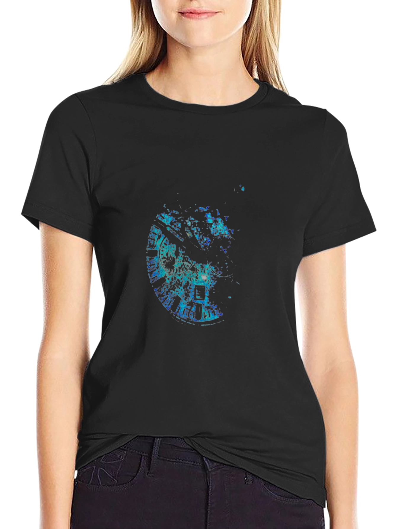Mens Black Graphic Tee - Abstract Clock Design