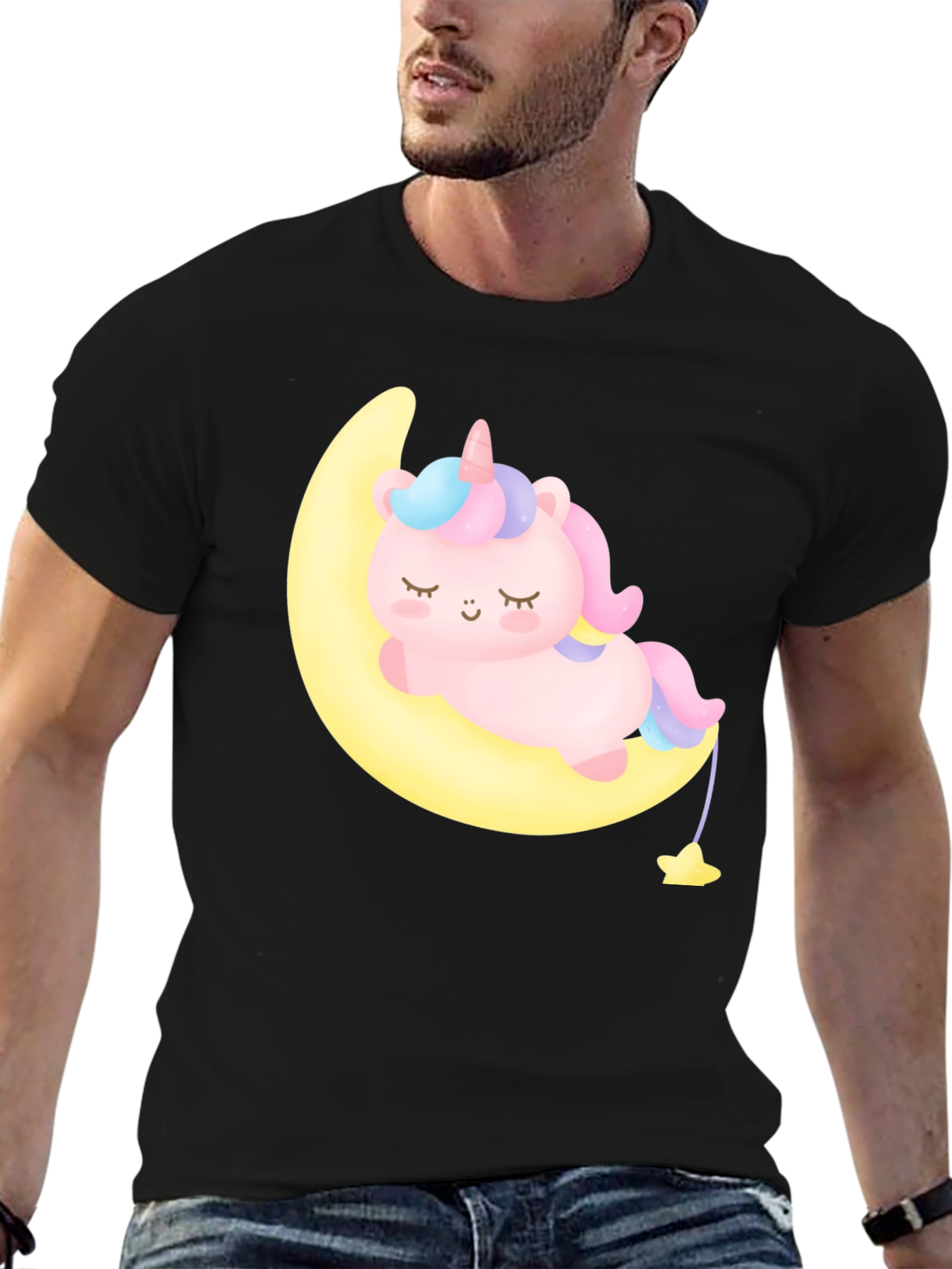 Cute Unicorn on Moon Black T-Shirt