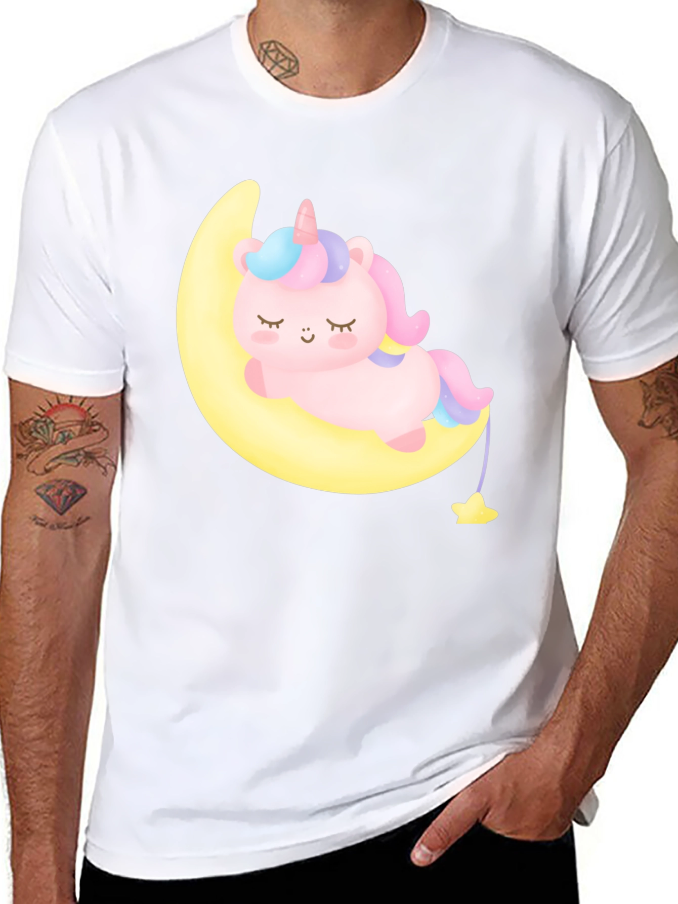 Cute Unicorn on Moon Black T-Shirt