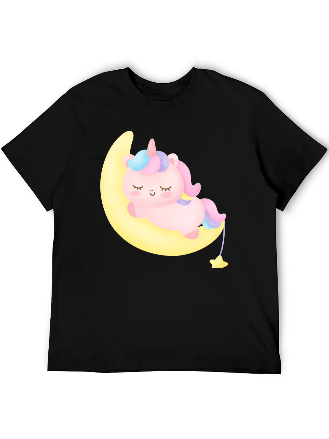 Cute Unicorn on Moon Black T-Shirt