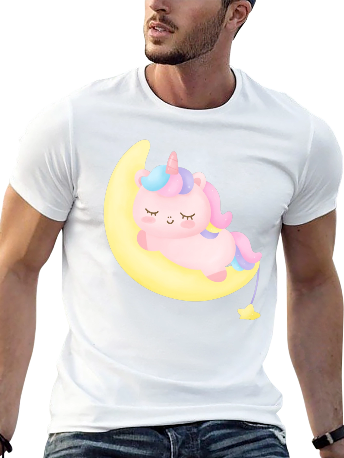 Cute Unicorn on Moon Black T-Shirt