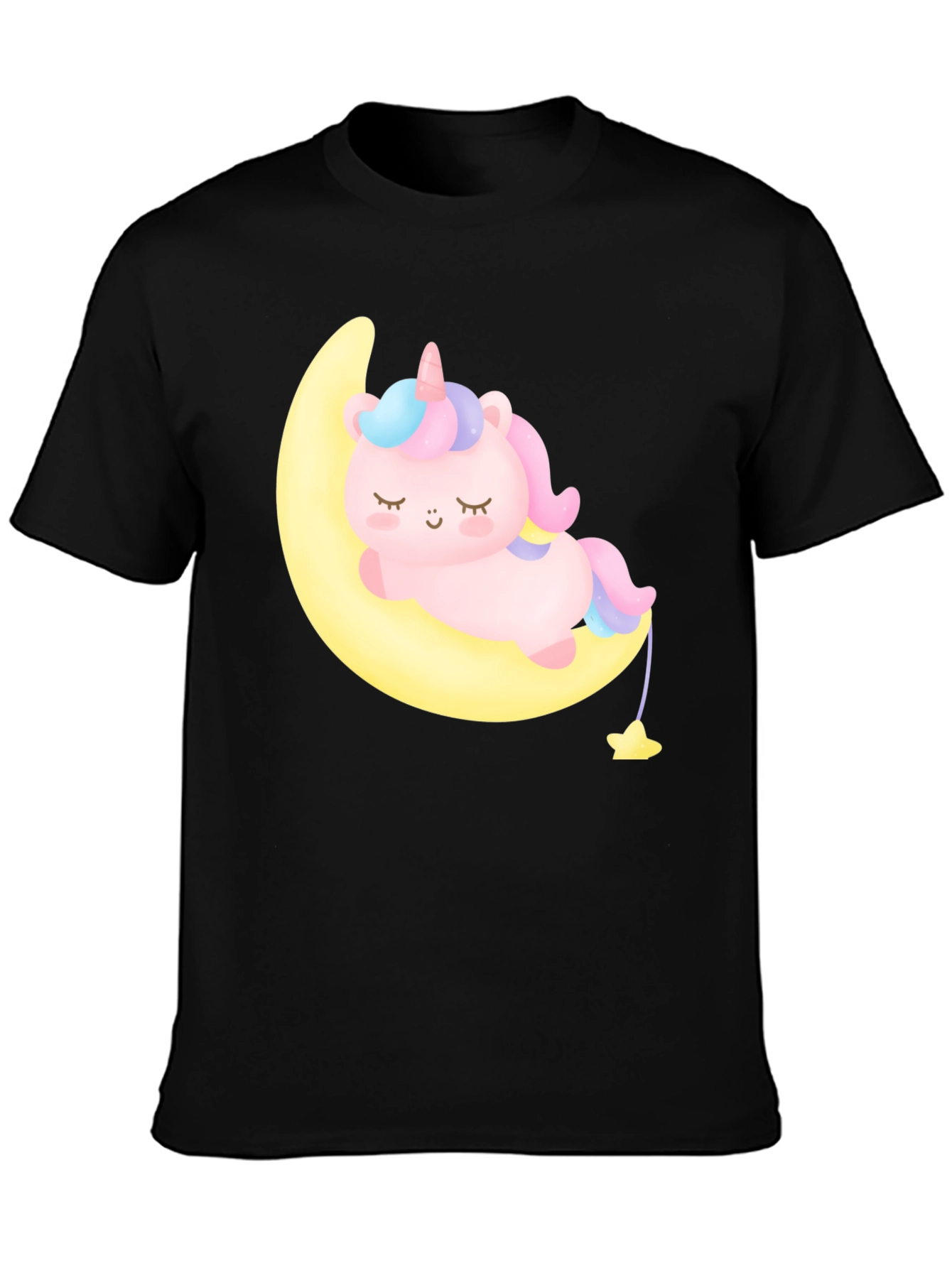 Cute Unicorn on Moon Black T-Shirt
