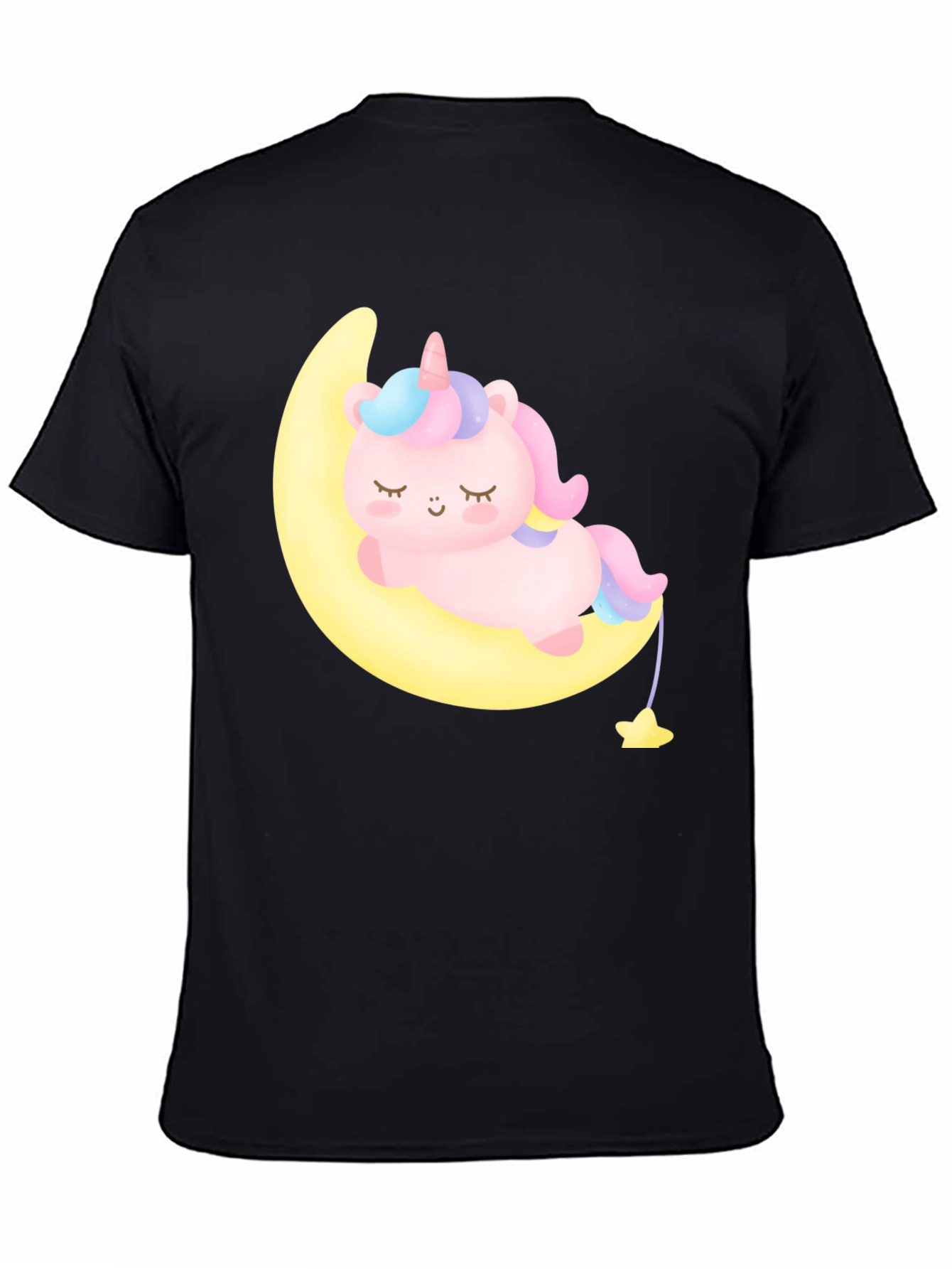 Cute Unicorn on Moon Black T-Shirt