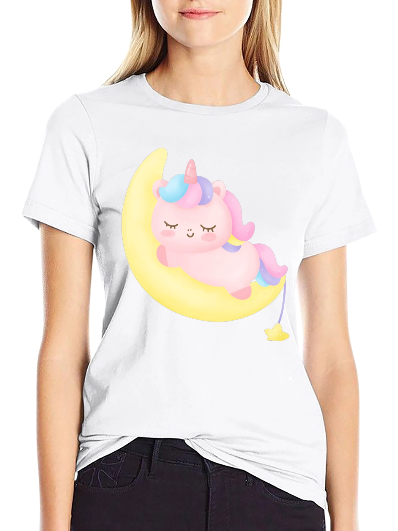 Cute Unicorn on Moon Black T-Shirt