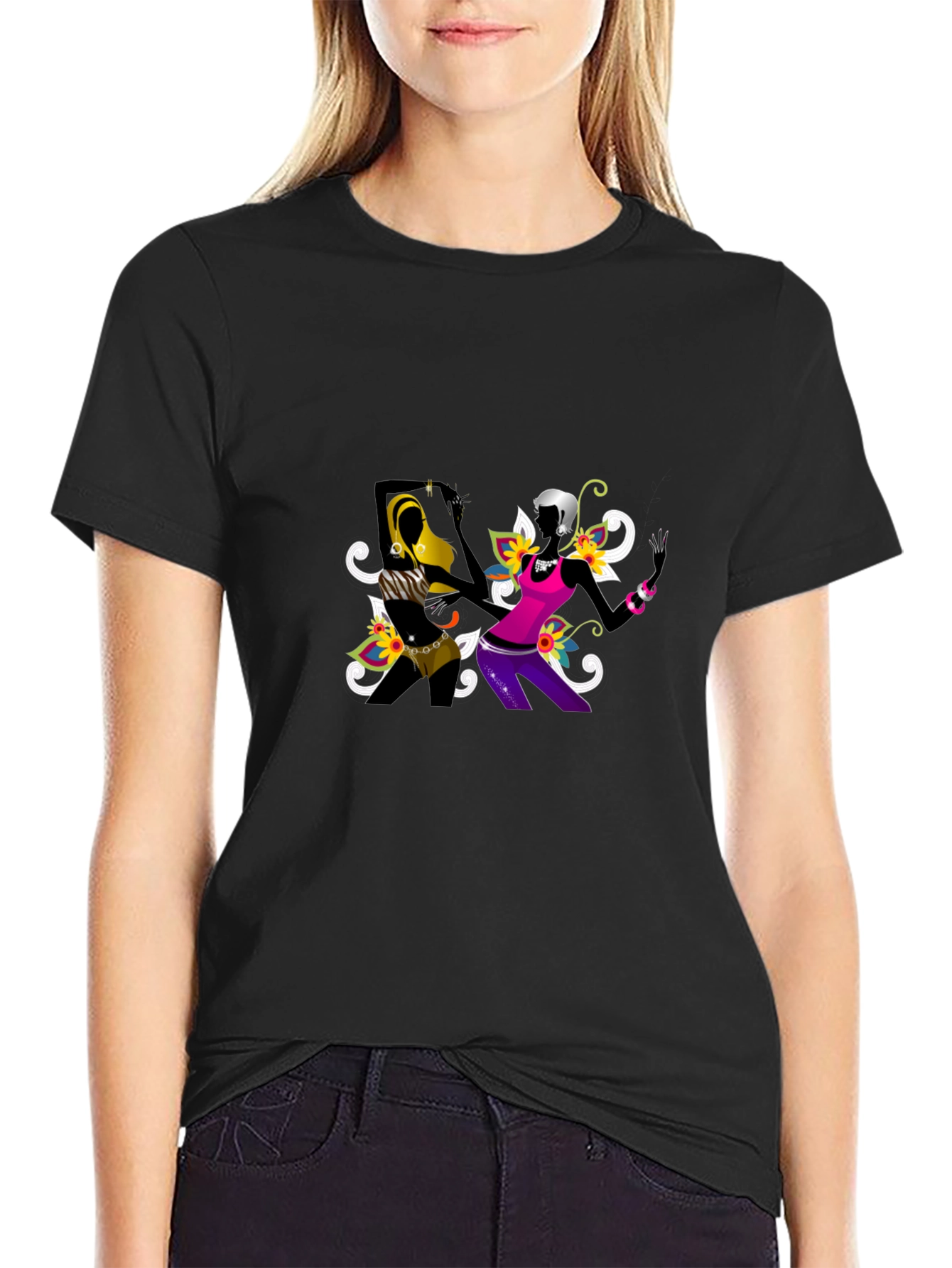Funky Black Tee with Abstract Dancers