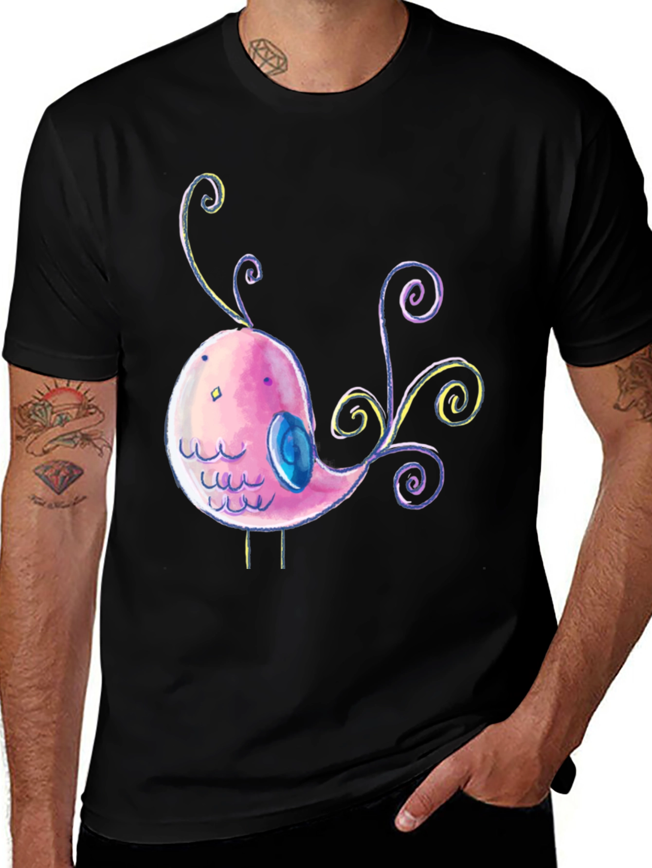 Cute Cartoon Bird Graphic Black T-Shirt
