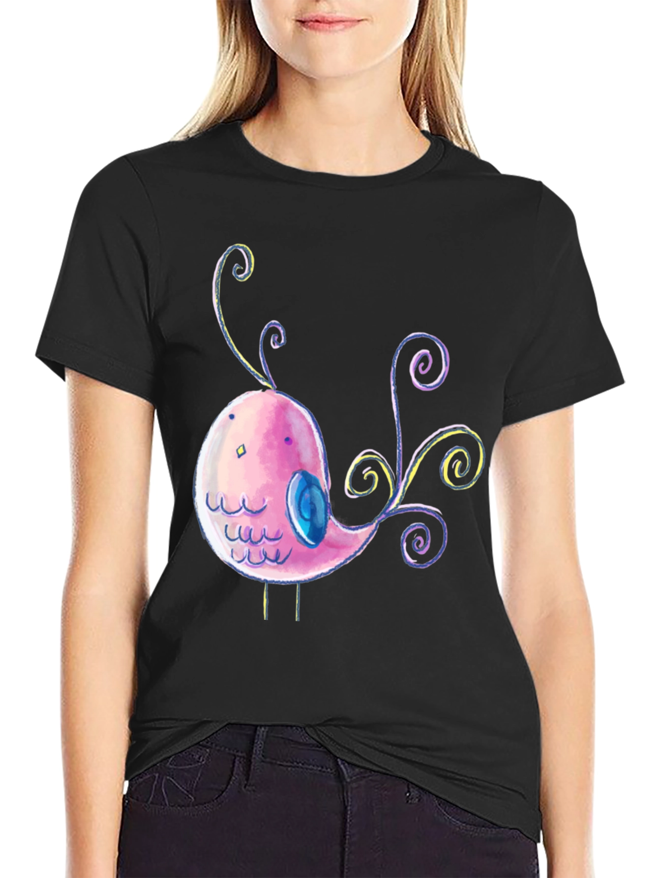 Cute Cartoon Bird Graphic Black T-Shirt