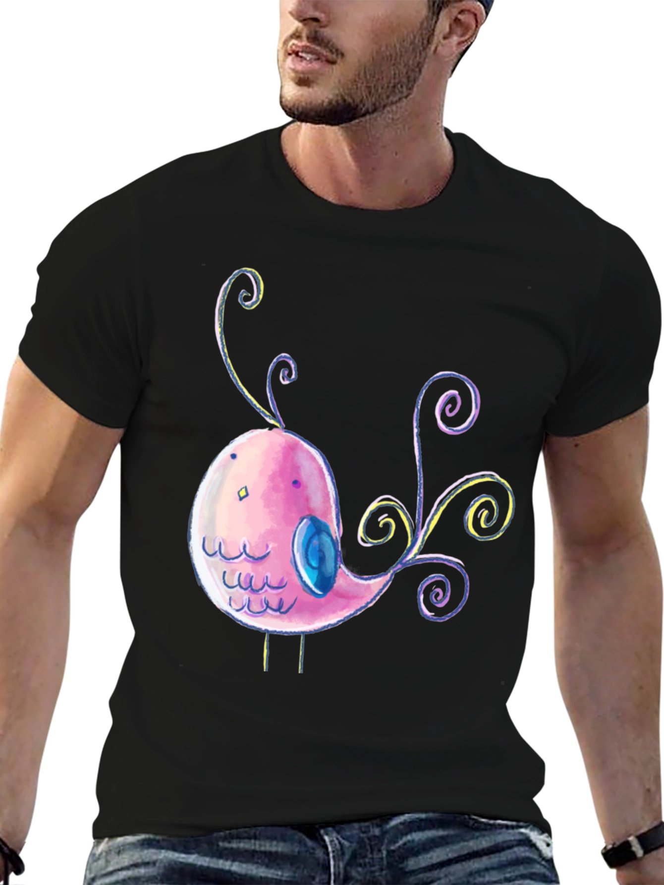 Cute Cartoon Bird Graphic Black T-Shirt