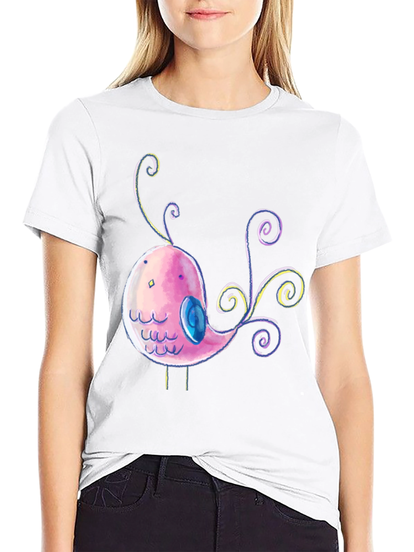 Cute Cartoon Bird Graphic Black T-Shirt