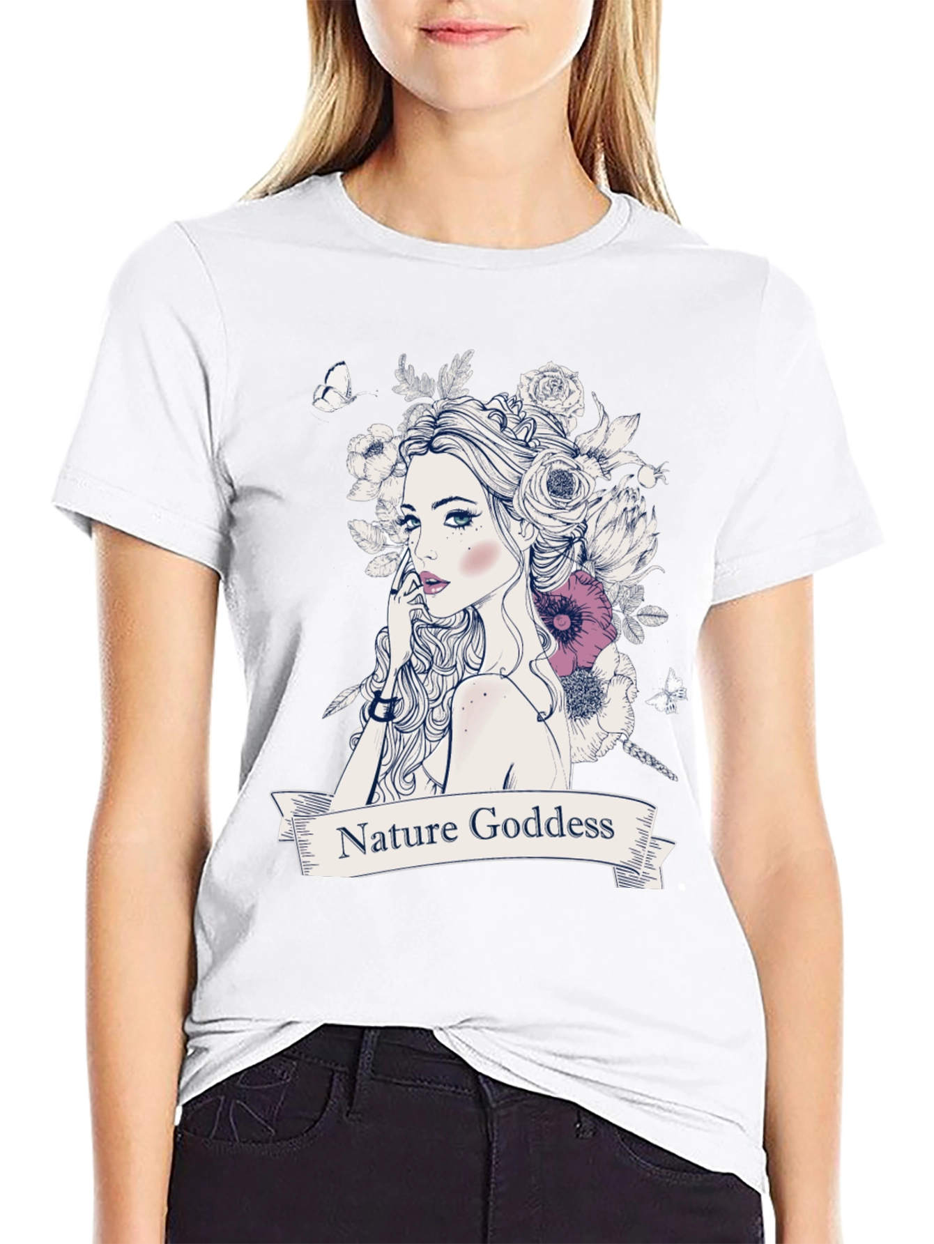 Nature Goddess Graphic Print Black T-Shirt