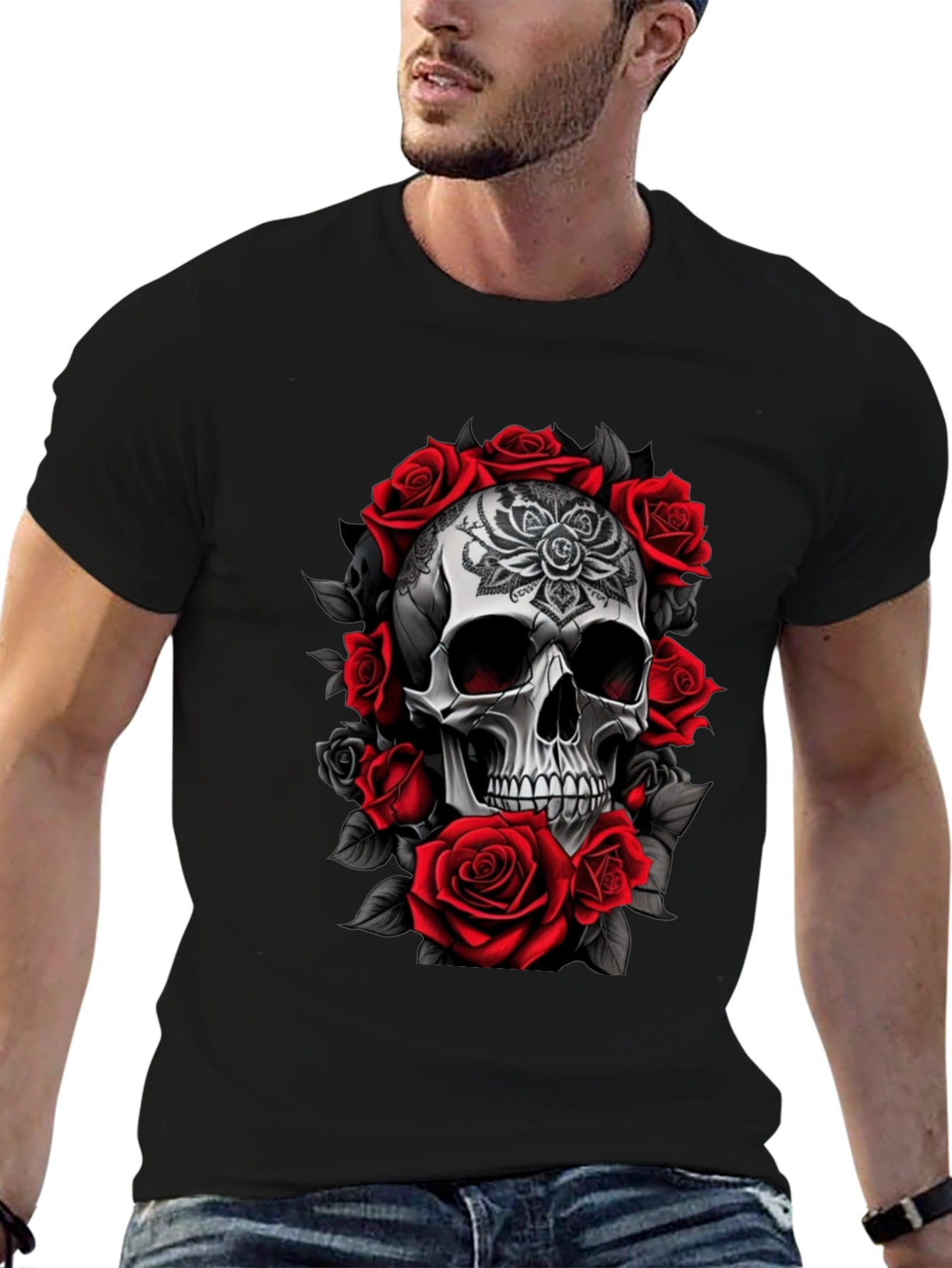 Skull and Roses Graphic Tee - Black
