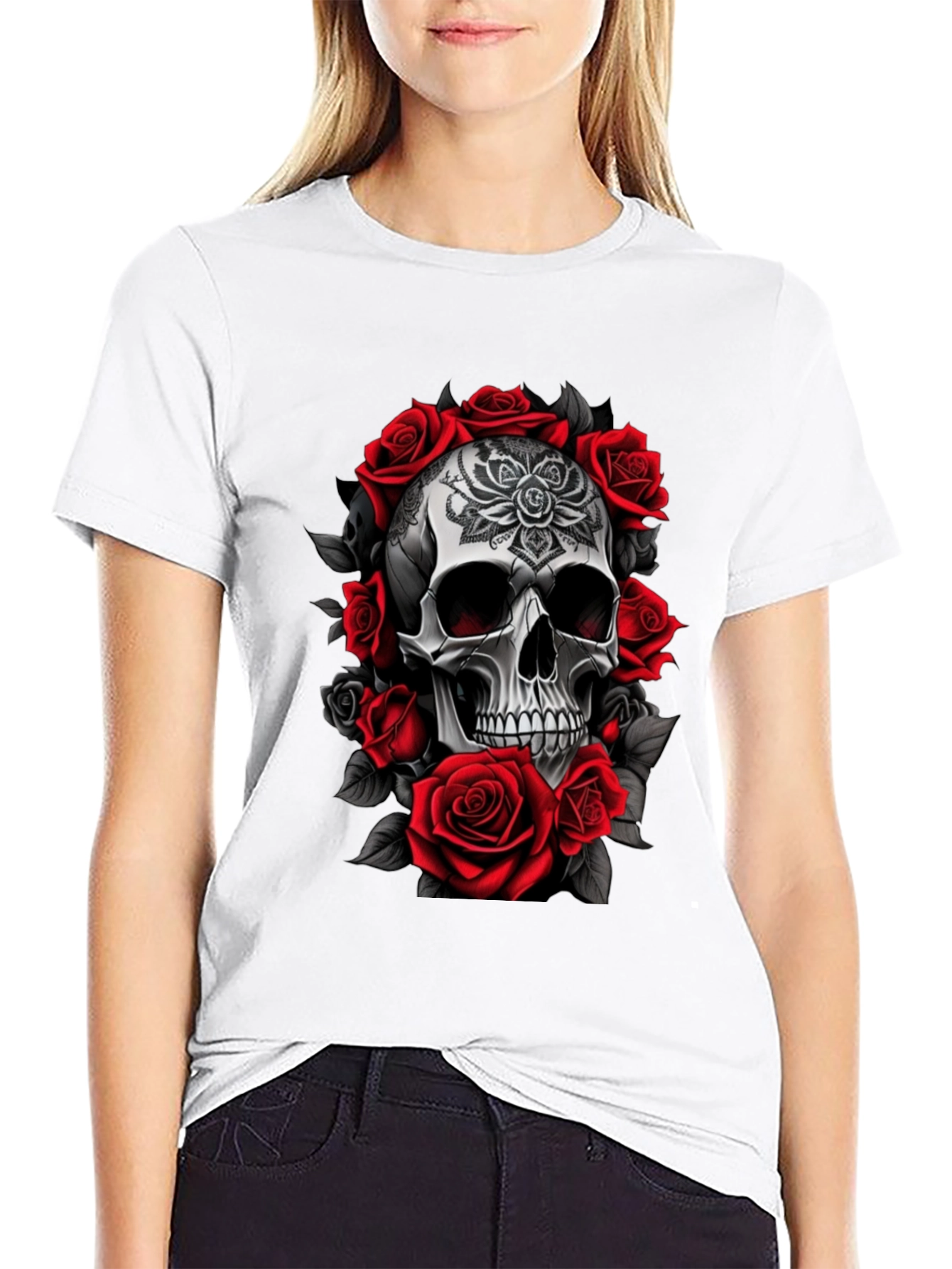 Skull and Roses Graphic Tee - Black