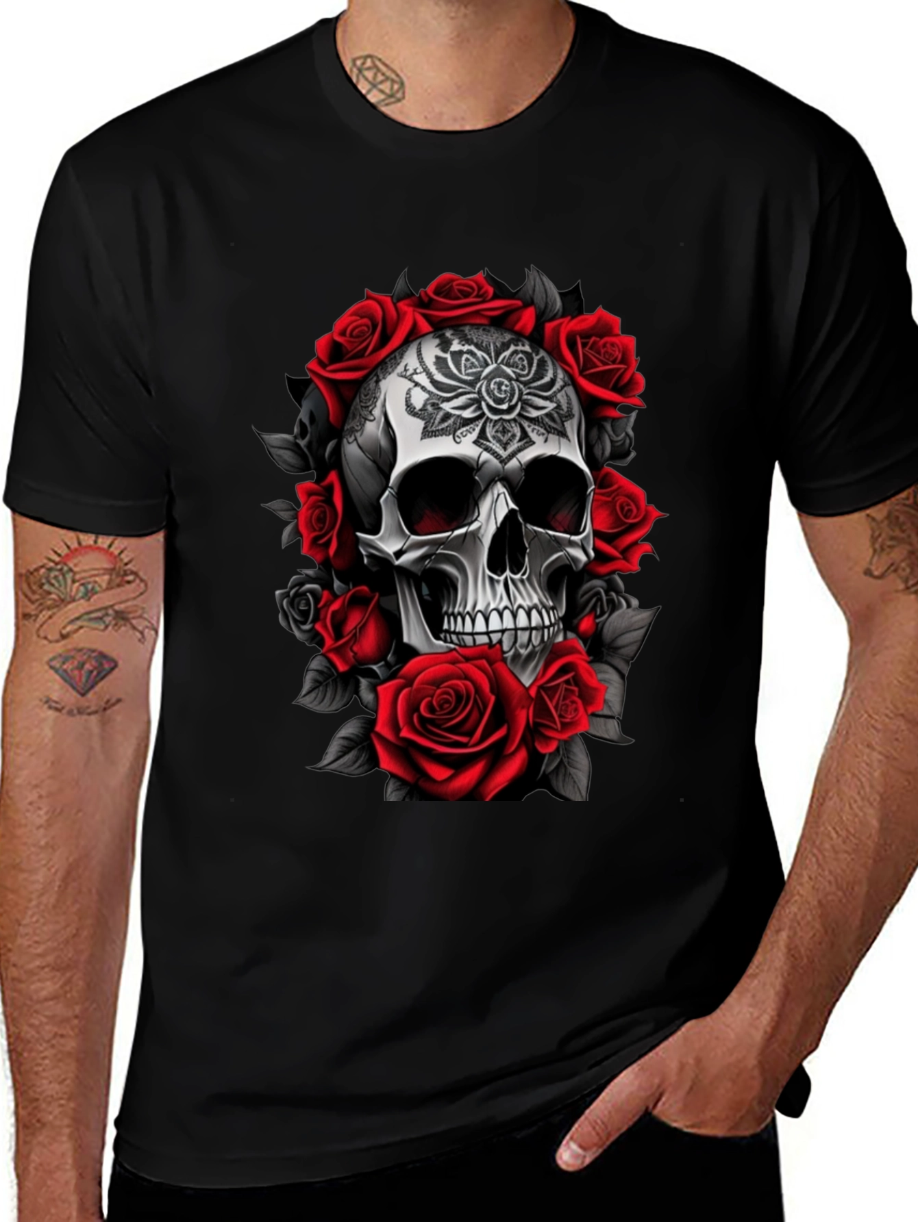 Skull and Roses Graphic Tee - Black