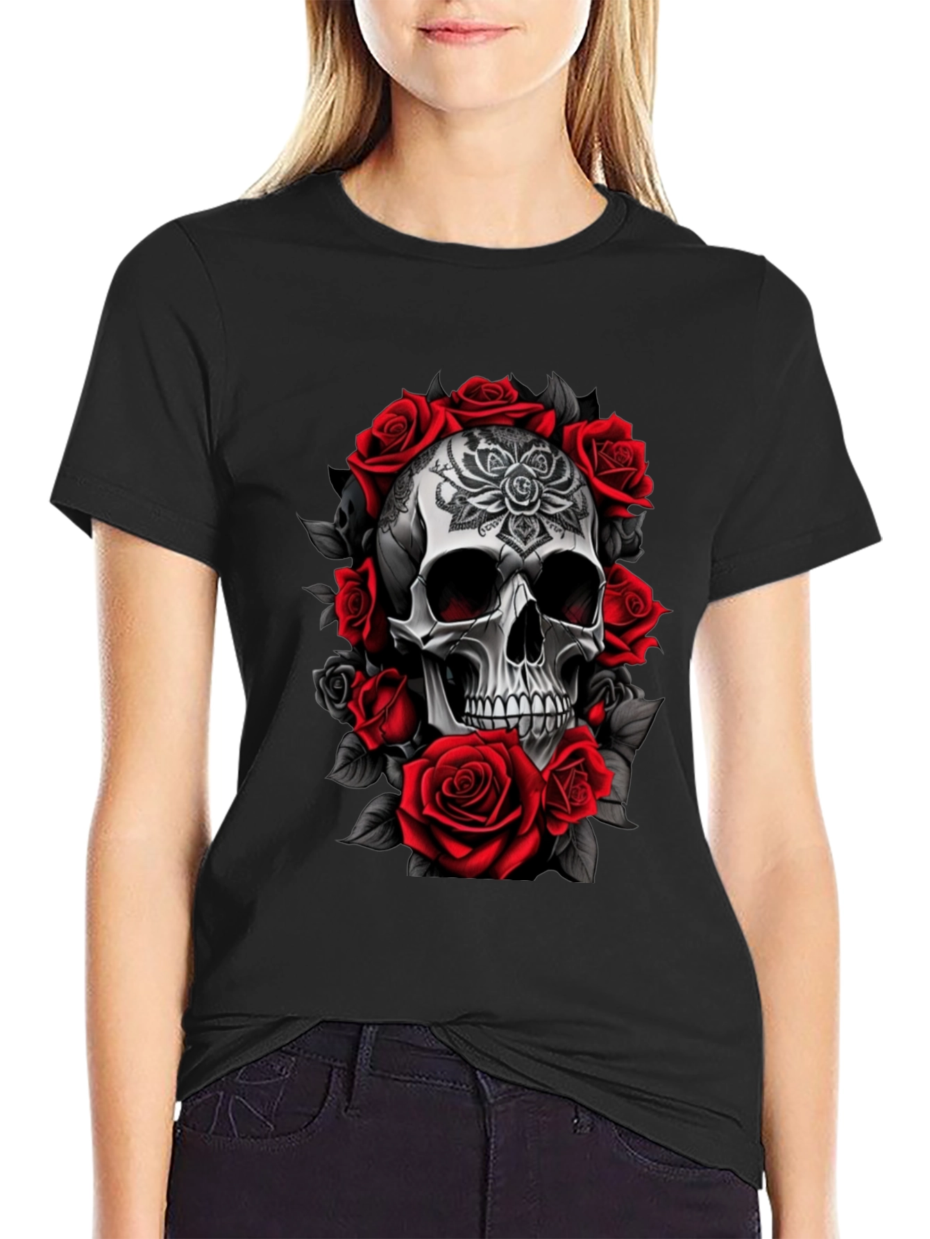 Skull and Roses Graphic Tee - Black
