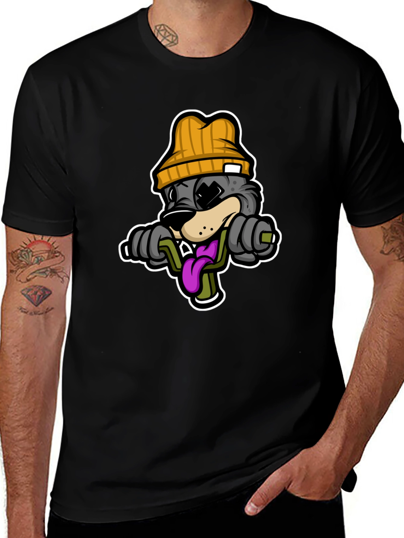 Cartoon Wolf Lifting Weights Black T-Shirt
