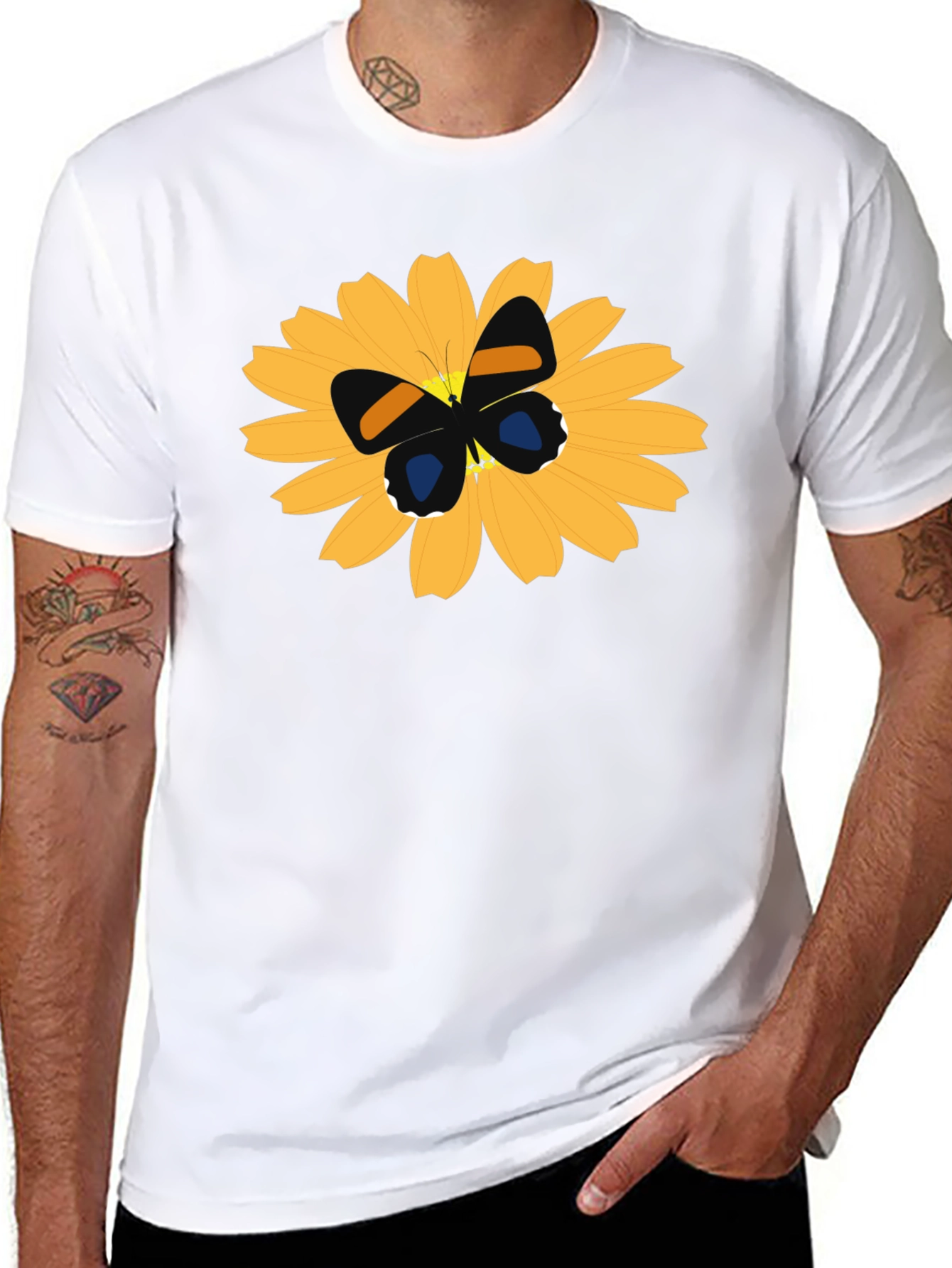 Black T-Shirt with Butterfly on Flower Design