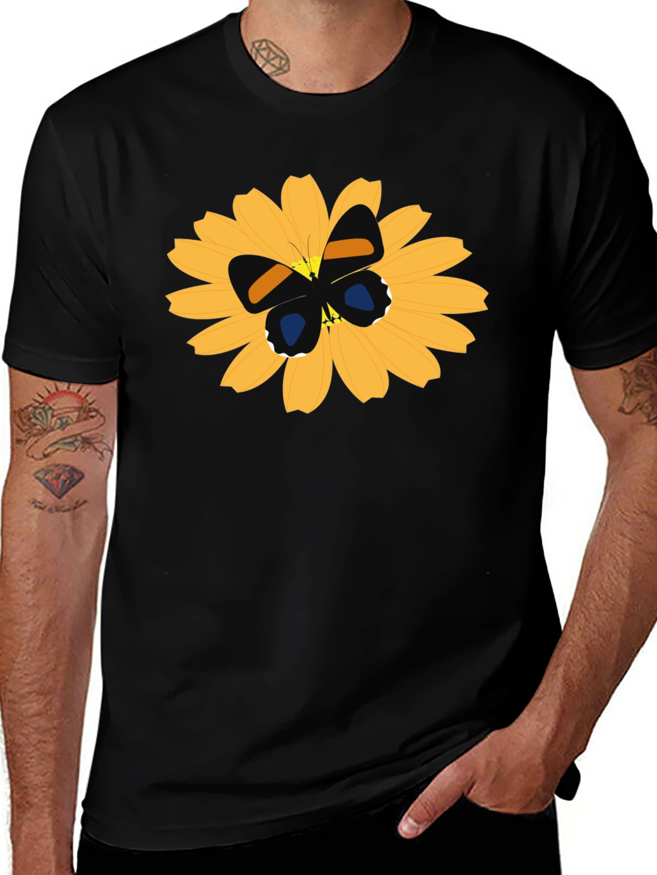 Black T-Shirt with Butterfly on Flower Design