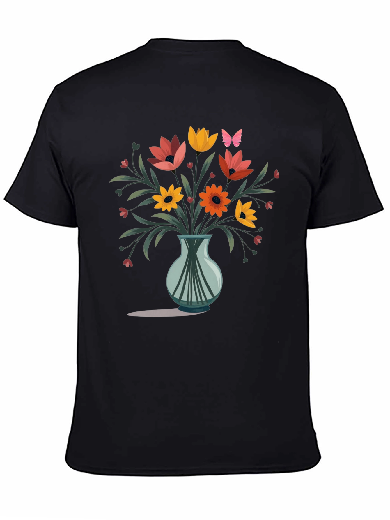 Floral Vase Graphic Print Mens Black T-Shirt