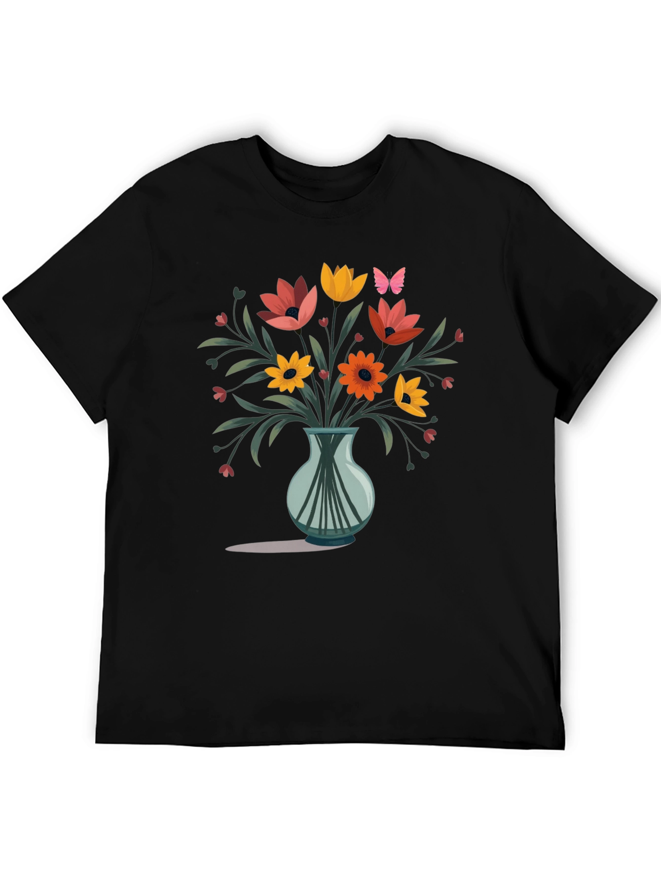 Floral Vase Graphic Print Mens Black T-Shirt