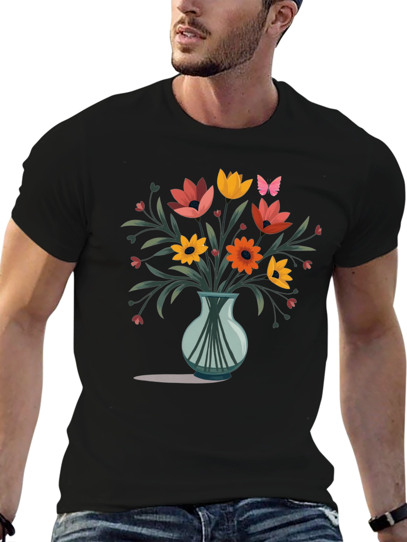 Floral Vase Graphic Print Mens Black T-Shirt
