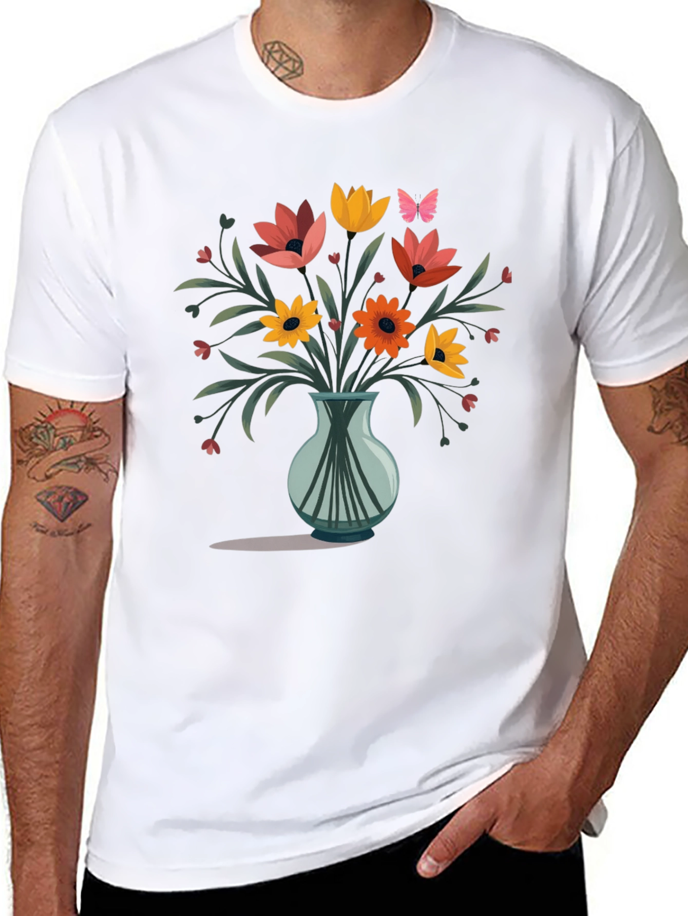 Floral Vase Graphic Print Mens Black T-Shirt