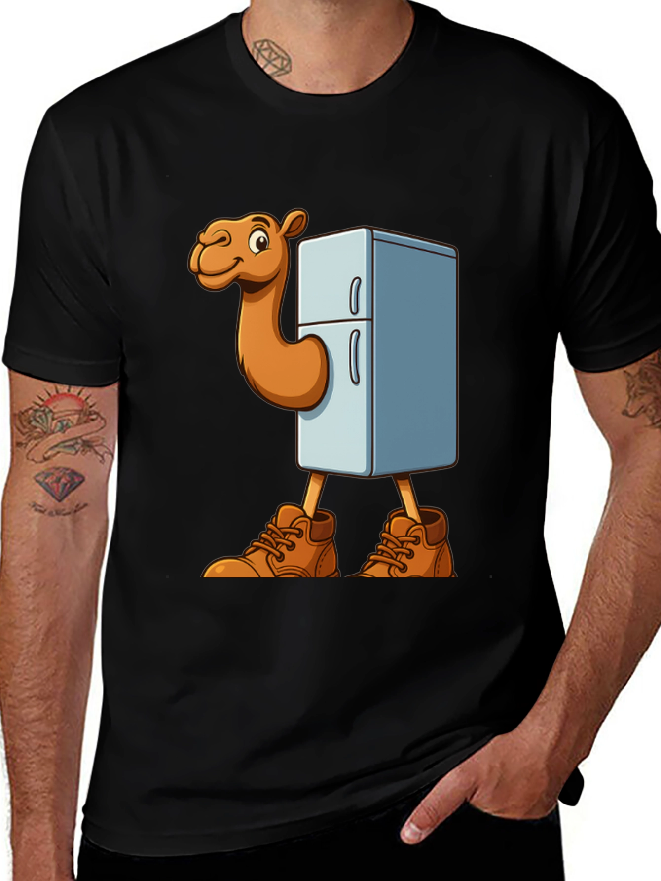 Funny Camel Refrigerator Cartoon Graphic T-Shirt