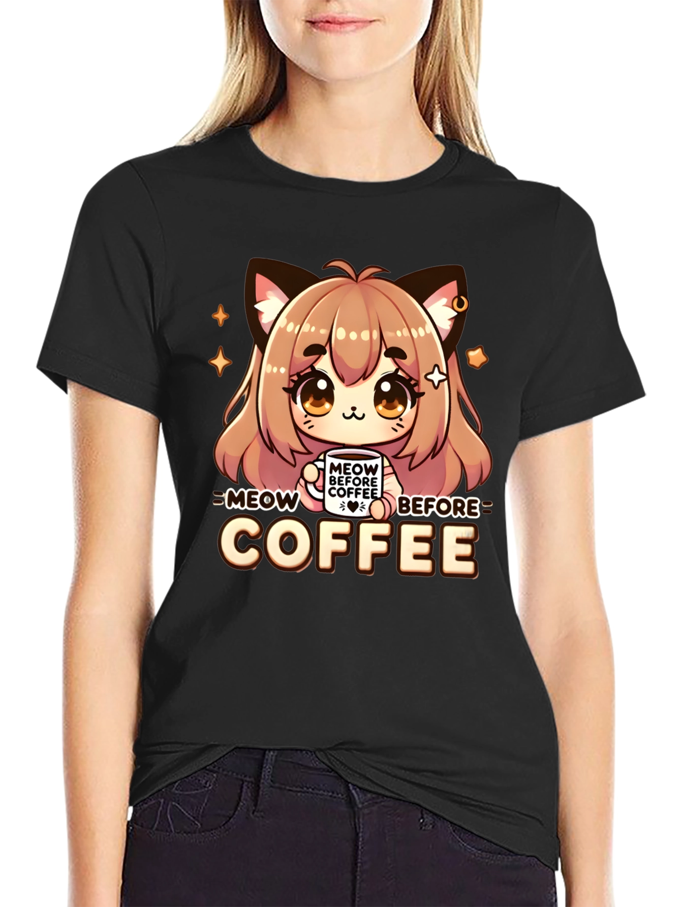 Meow Before Coffee Anime Cat Black T-Shirt
