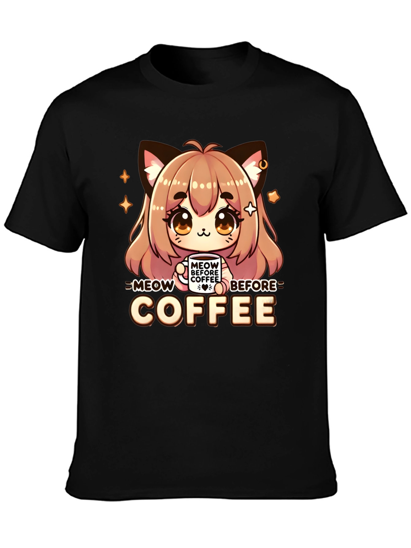 Meow Before Coffee Anime Cat Black T-Shirt