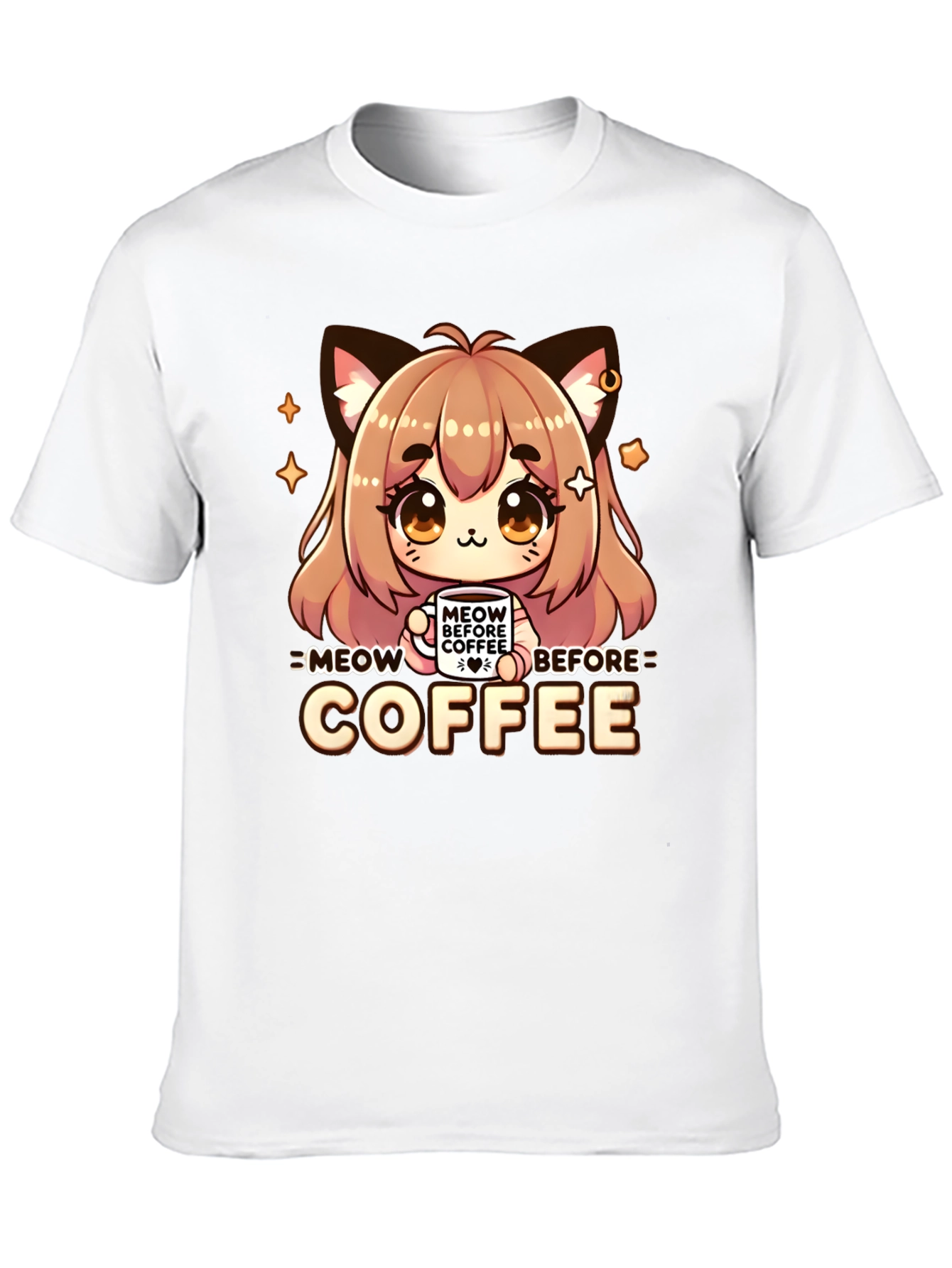 Meow Before Coffee Anime Cat Black T-Shirt