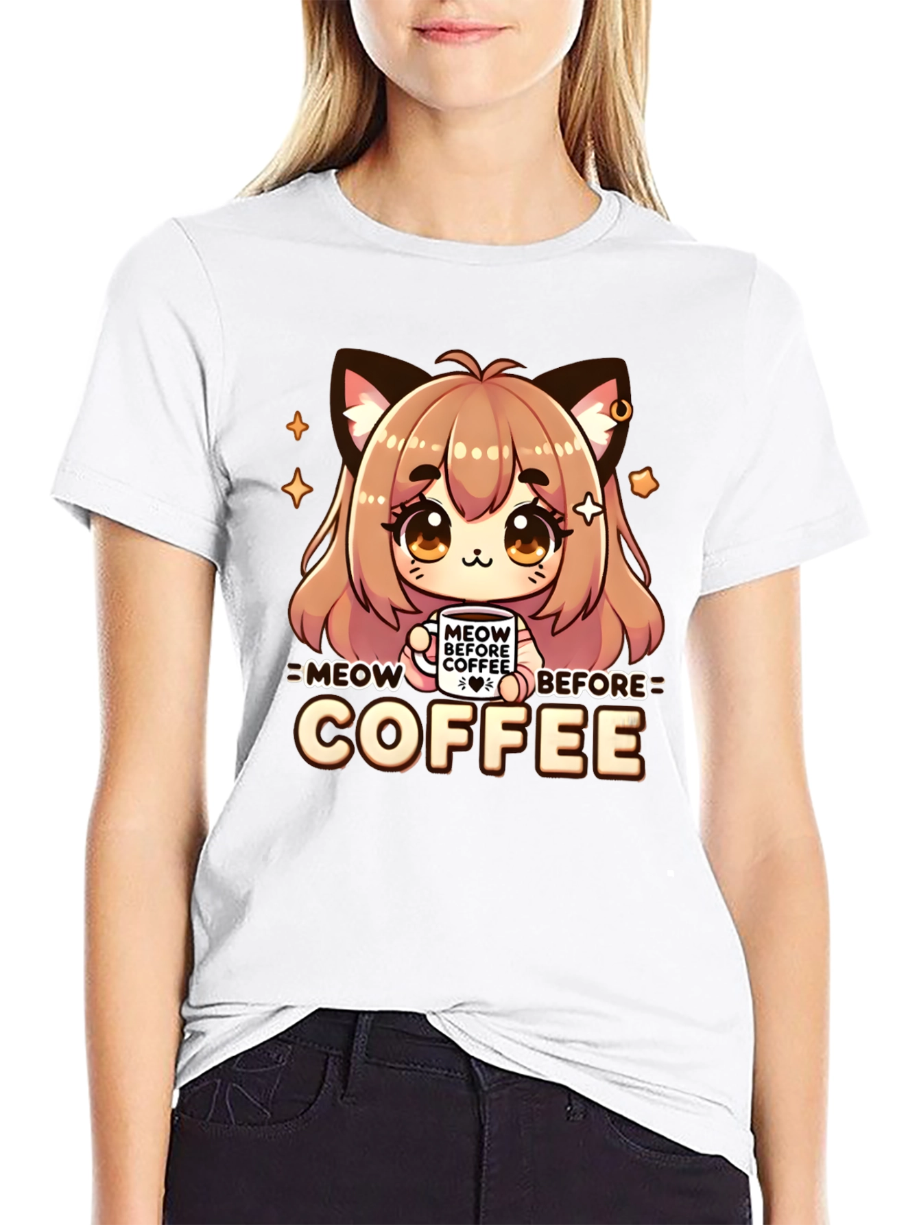 Meow Before Coffee Anime Cat Black T-Shirt