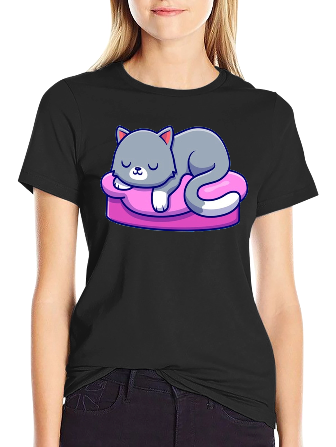 Cute Cat Sleeping on Pillow Graphic Tee