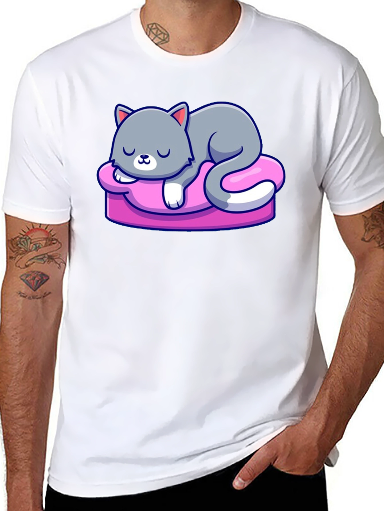 Cute Cat Sleeping on Pillow Graphic Tee