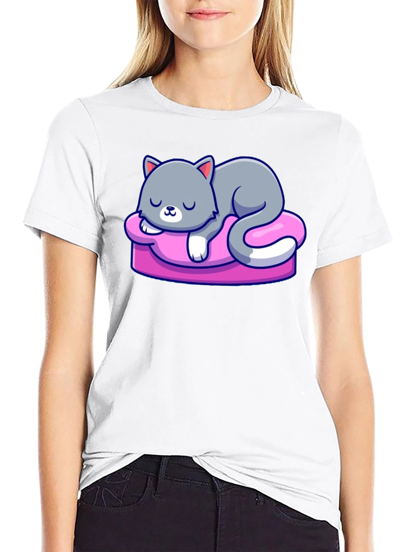 Cute Cat Sleeping on Pillow Graphic Tee