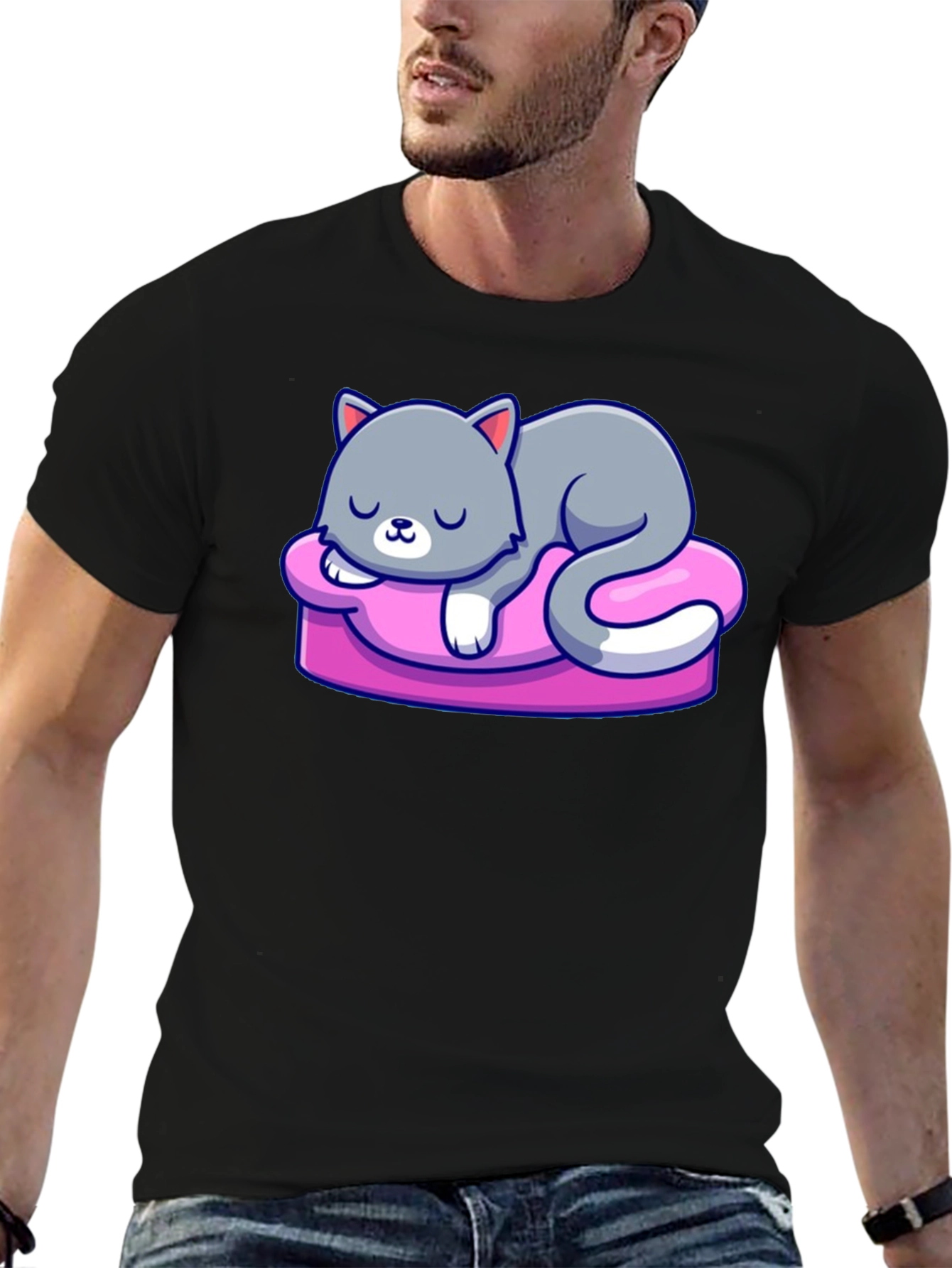 Cute Cat Sleeping on Pillow Graphic Tee