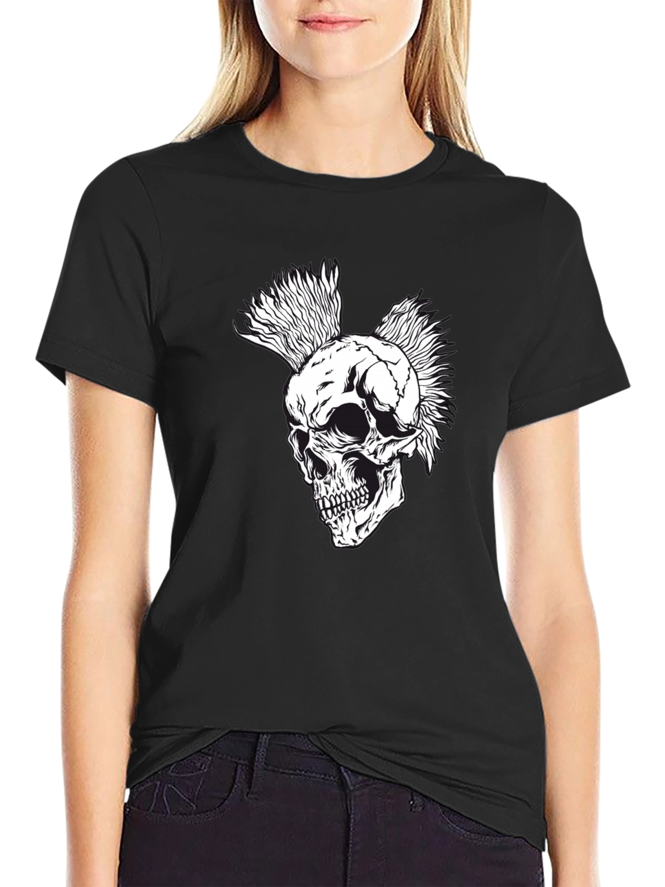 Punk Skull Graphic Tee - Black Cotton T-Shirt