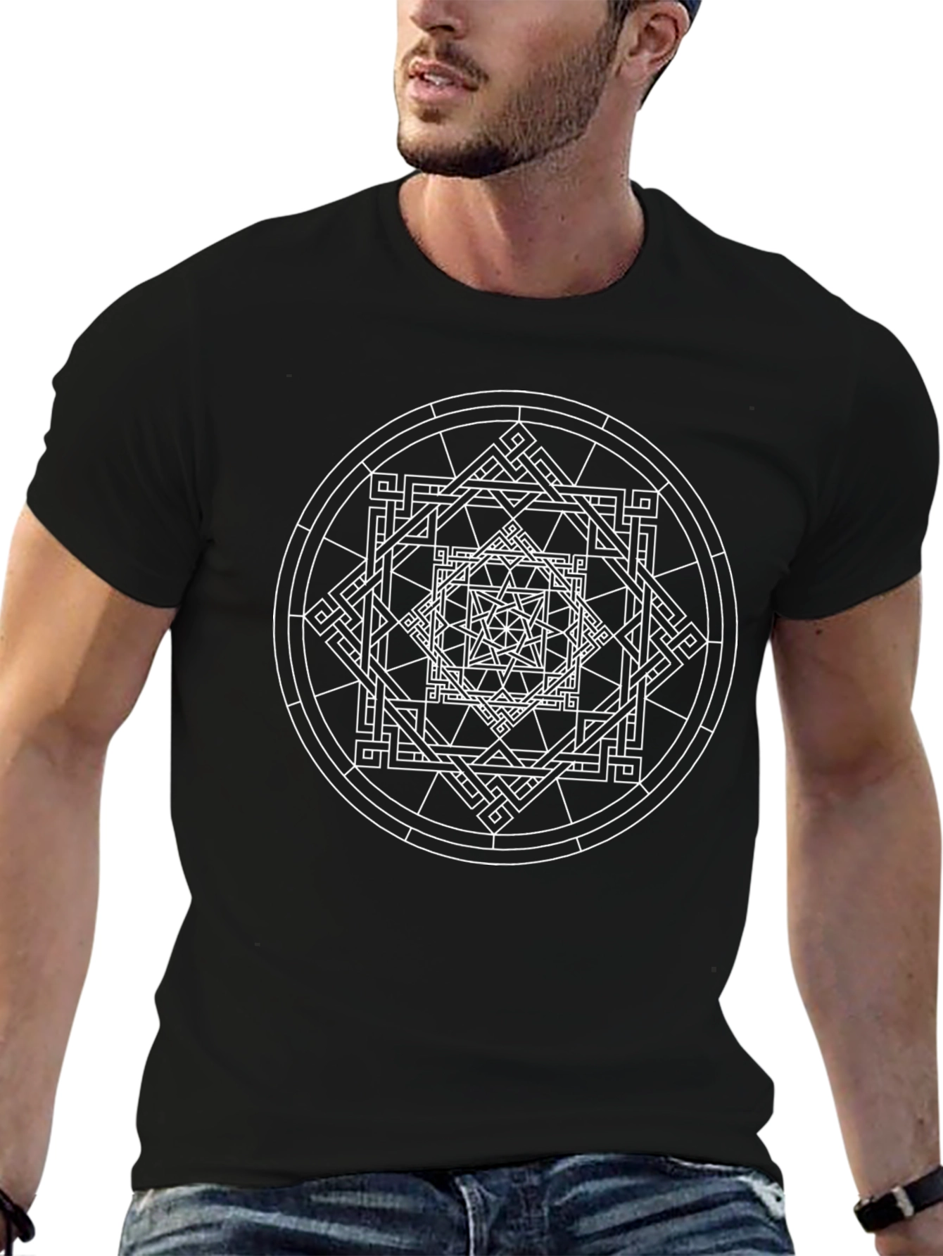 Geometric Mandala Graphic T-Shirt - Stylish Black Tee