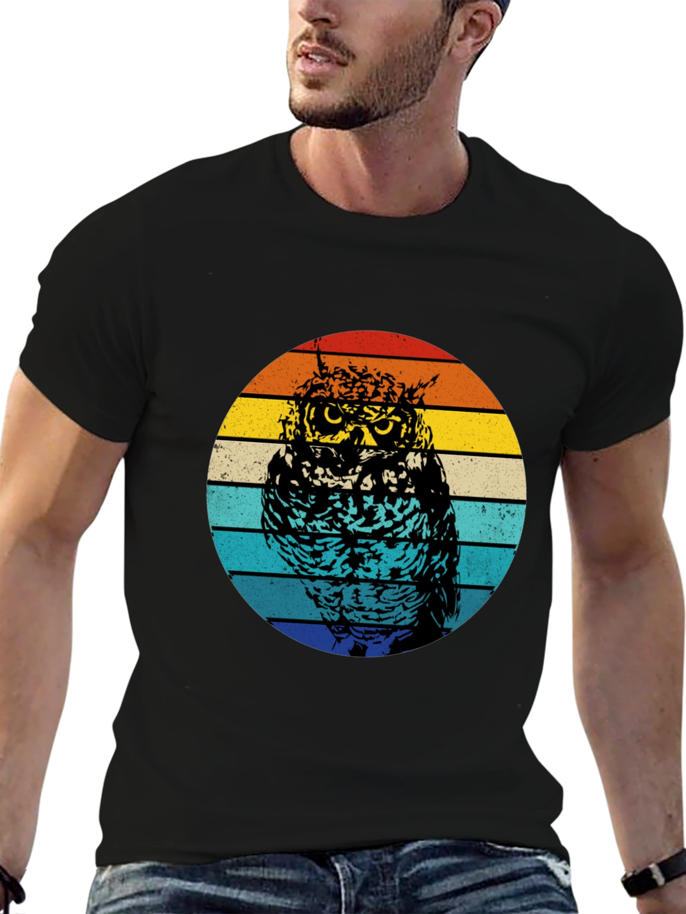 Retro Owl Graphic Tee - Black Cotton Comfort