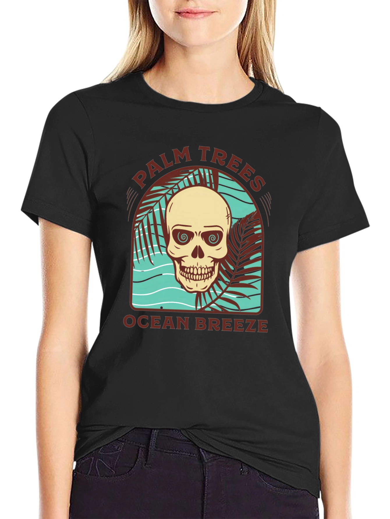 Palm Trees Ocean Breeze Skull Graphic Tee