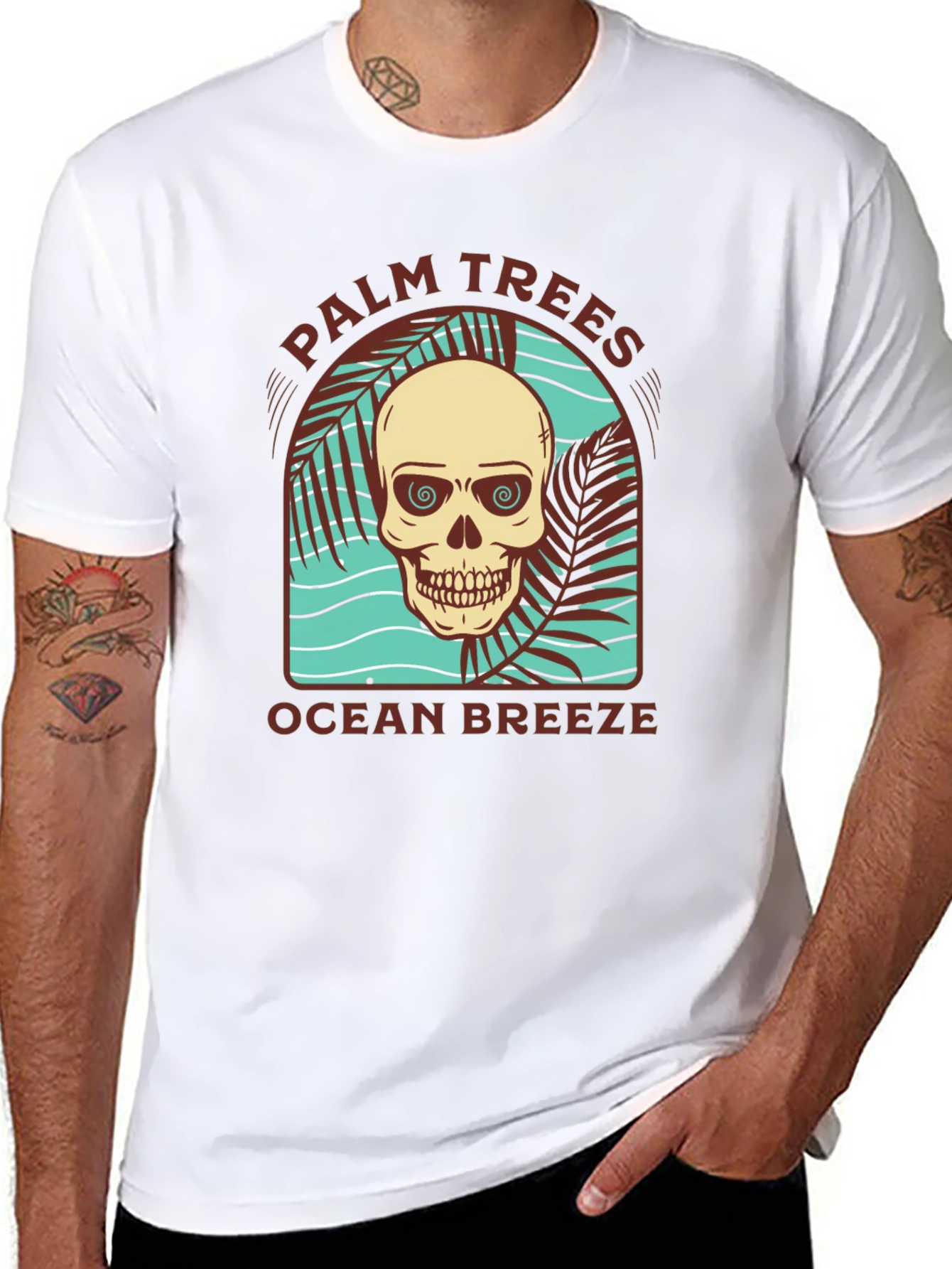 Palm Trees Ocean Breeze Skull Graphic Tee