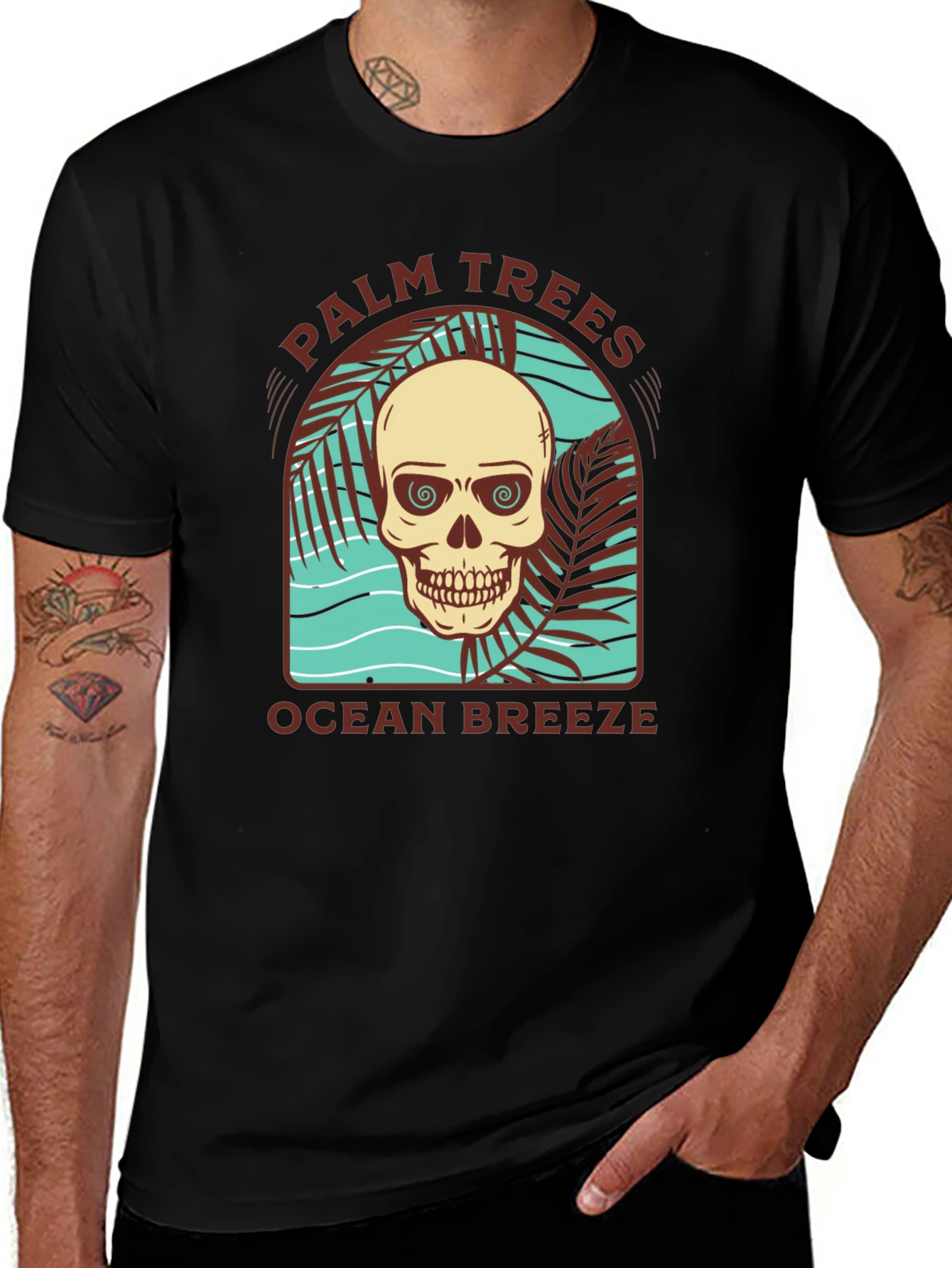 Palm Trees Ocean Breeze Skull Graphic Tee