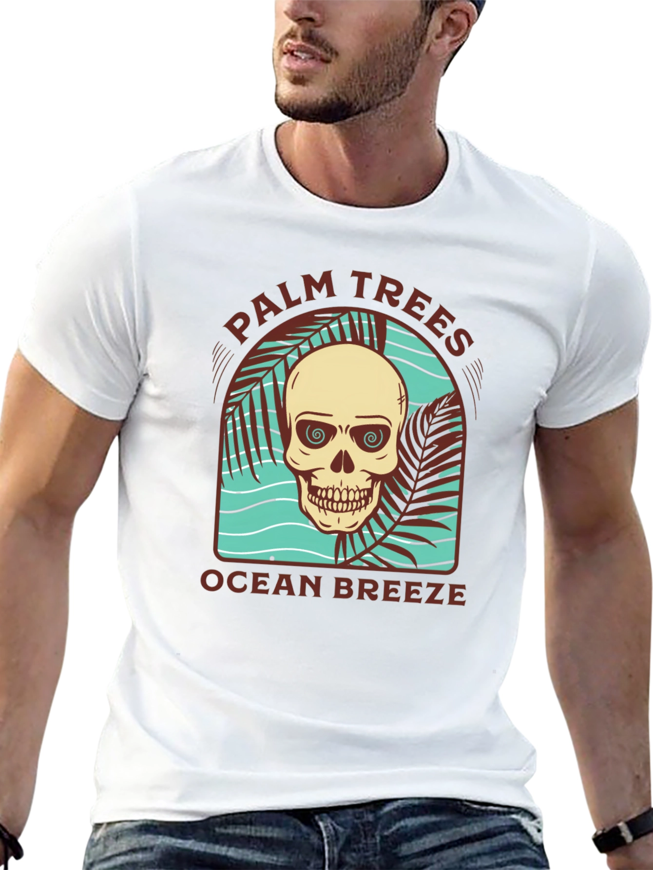 Palm Trees Ocean Breeze Skull Graphic Tee