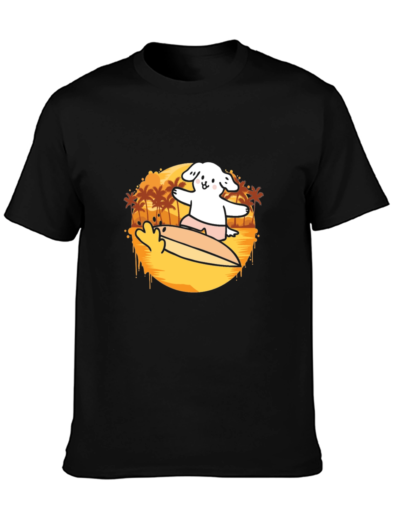 Surfing Dog Graphic Tee - Black Cotton Casual T-Shirt