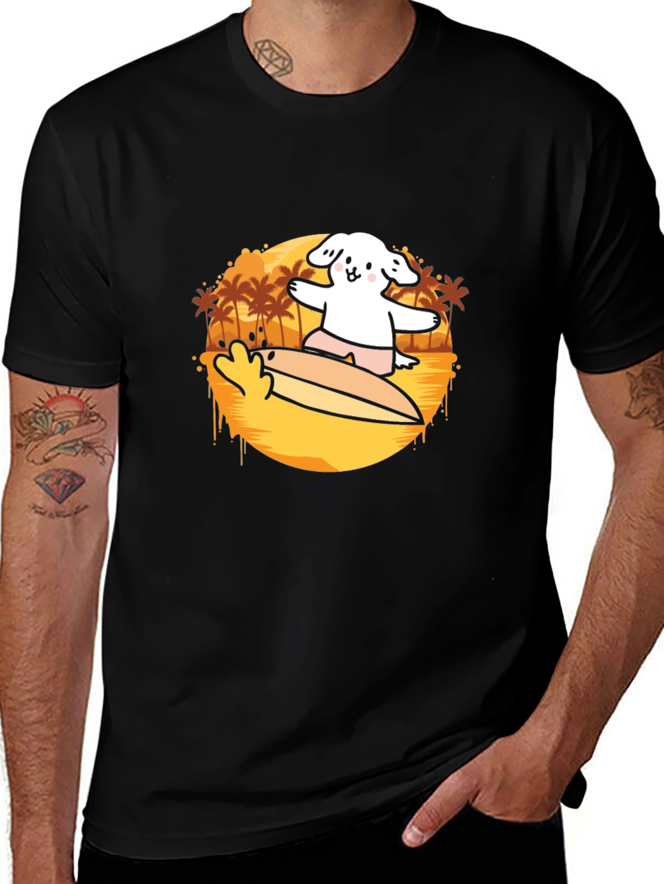 Surfing Dog Graphic Tee - Black Cotton Casual T-Shirt