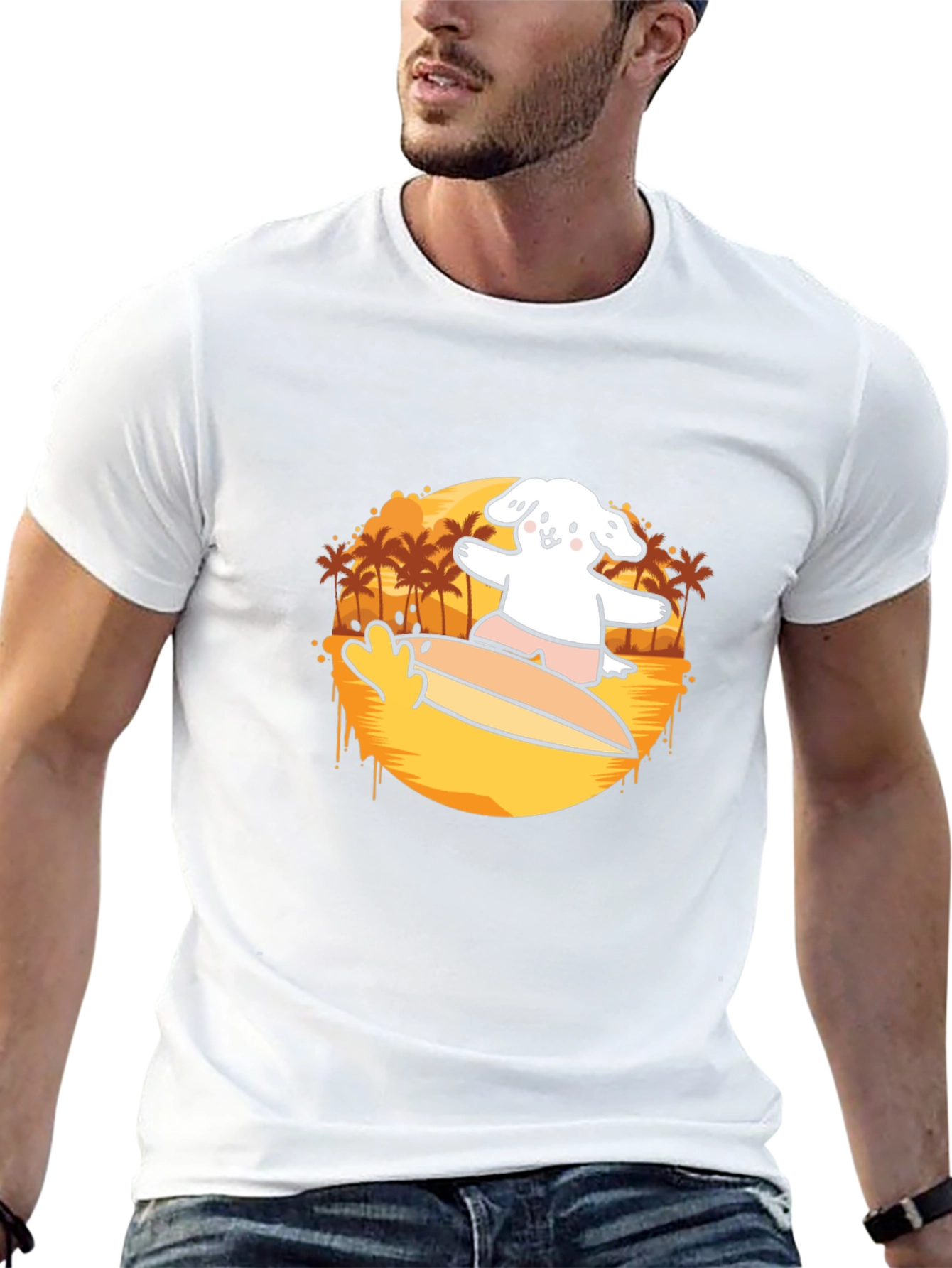 Surfing Dog Graphic Tee - Black Cotton Casual T-Shirt
