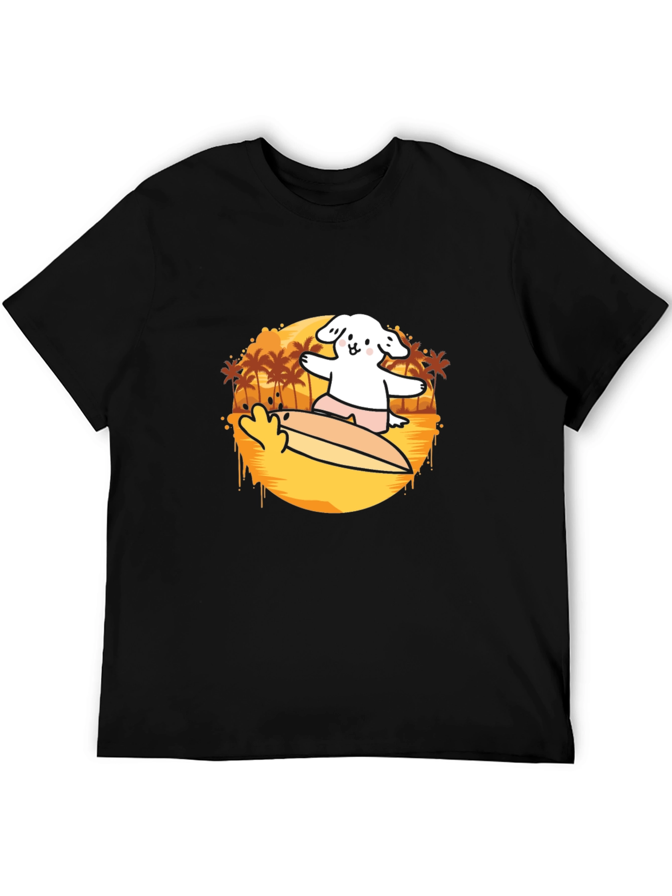 Surfing Dog Graphic Tee - Black Cotton Casual T-Shirt