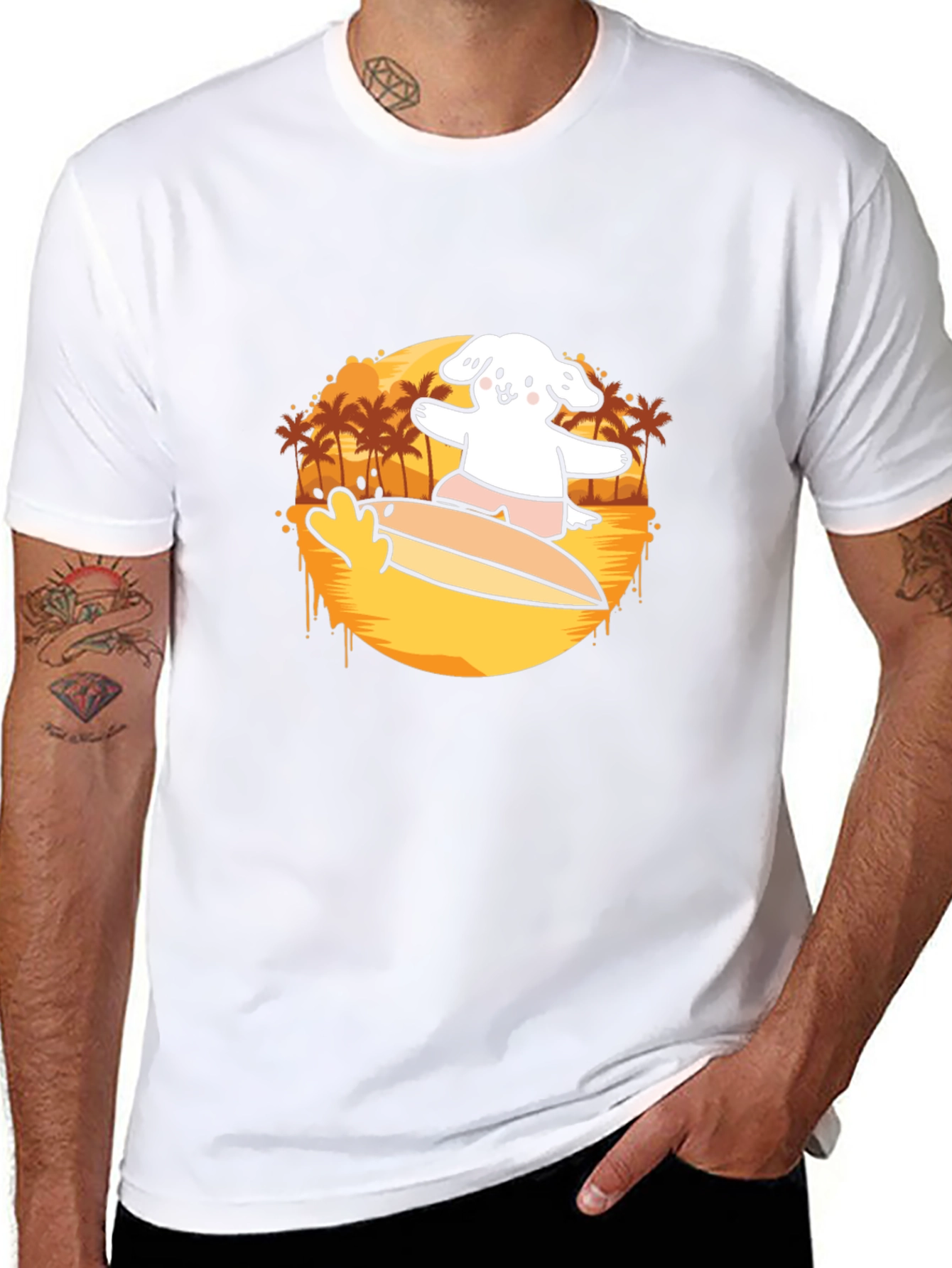Surfing Dog Graphic Tee - Black Cotton Casual T-Shirt