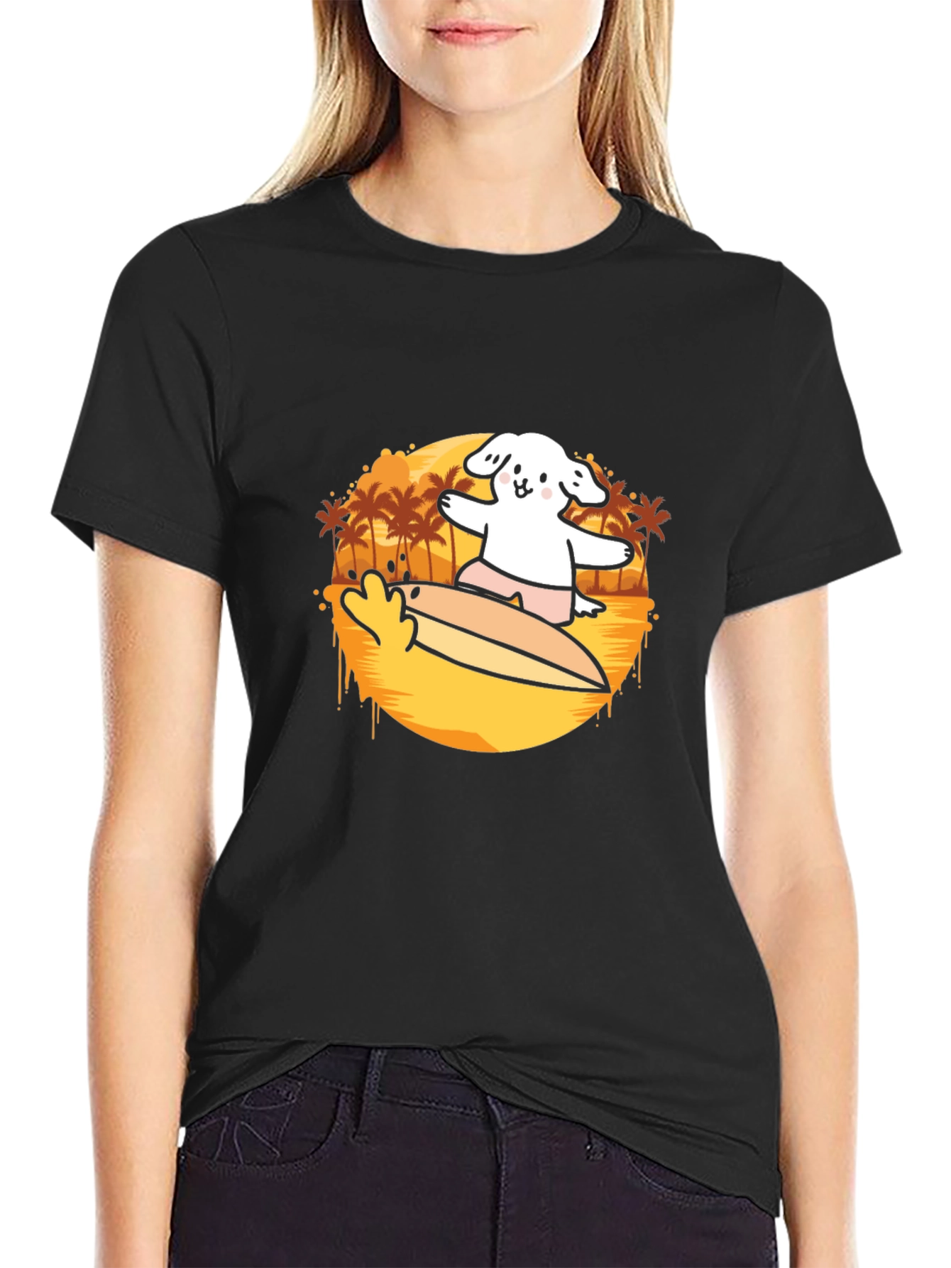 Surfing Dog Graphic Tee - Black Cotton Casual T-Shirt